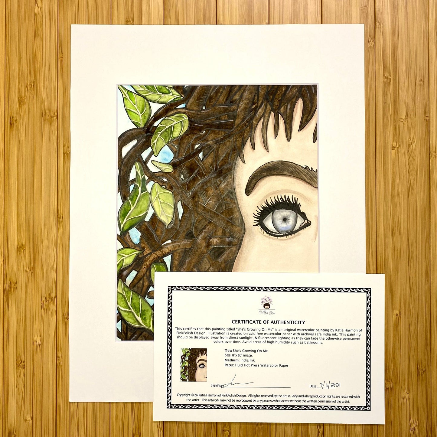 PinkPolish Design Original Art "She's Growing On Me" Nature Inspired Original Watercolor & Ink Illustration