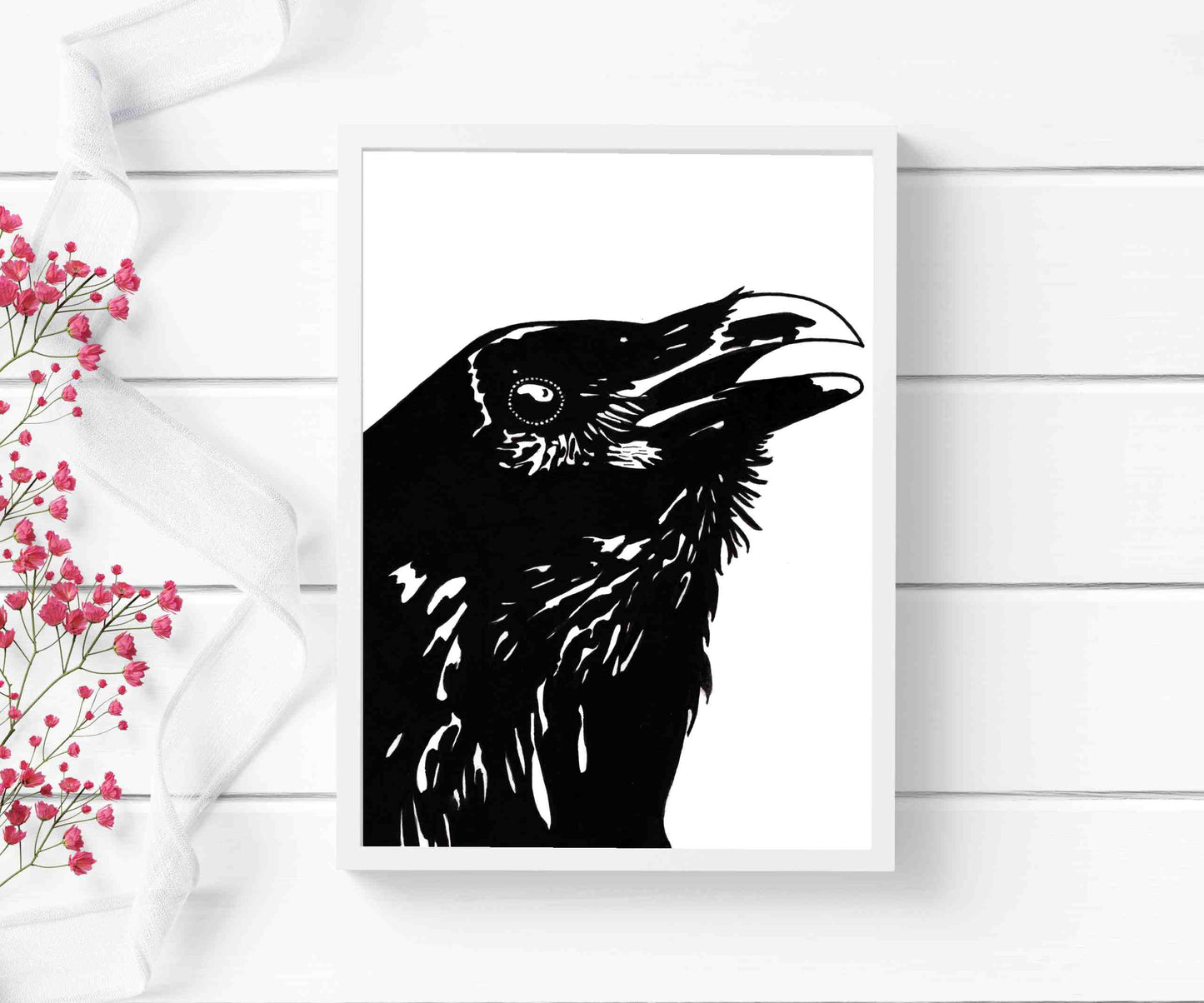PinkPolish Design Art Prints "Shiny Eyed Corvid" Ink Drawing: Art Print
