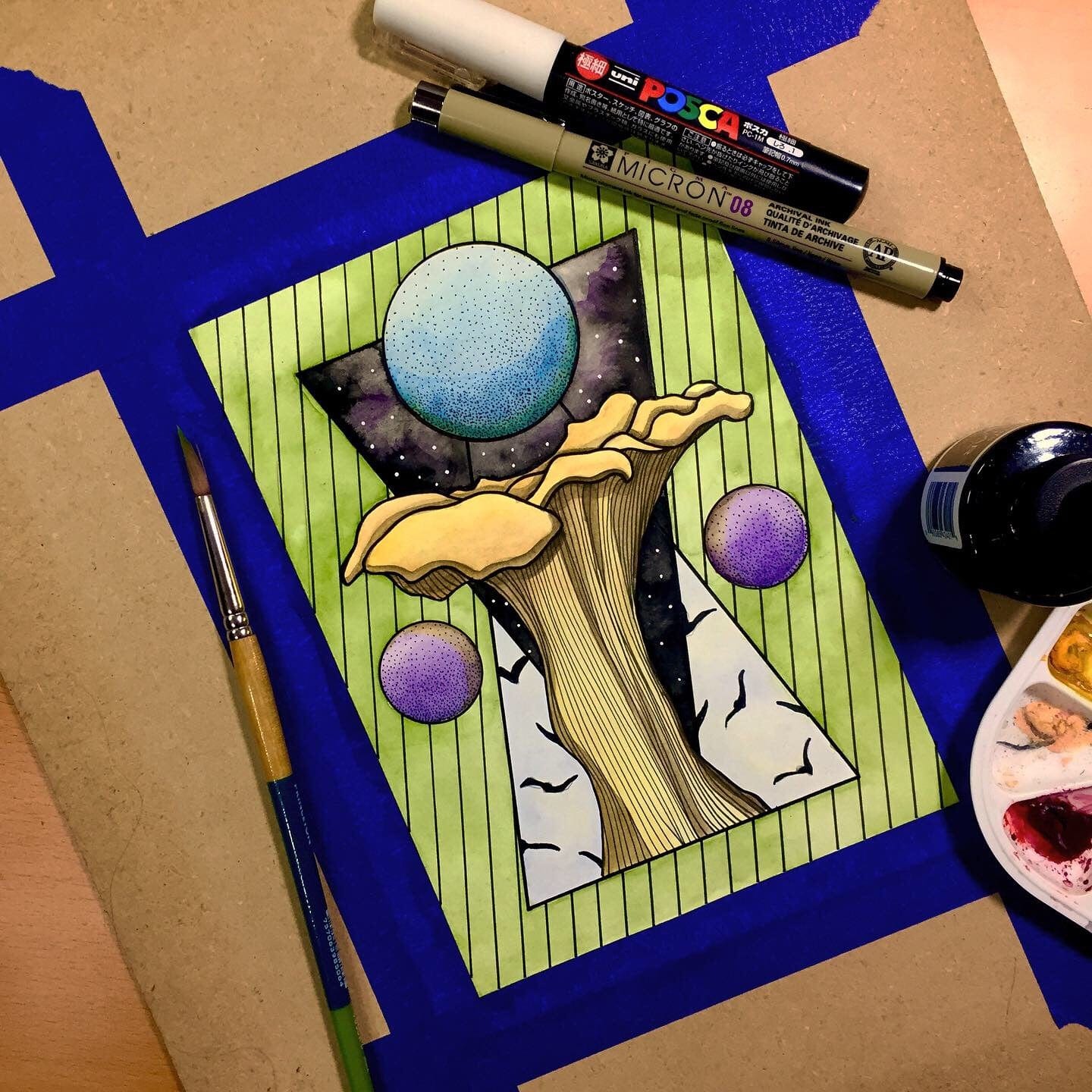 PinkPolish Design Original Art "Solstice" PNW Fungi Inspired Original Ink Illustration, 5"x7"