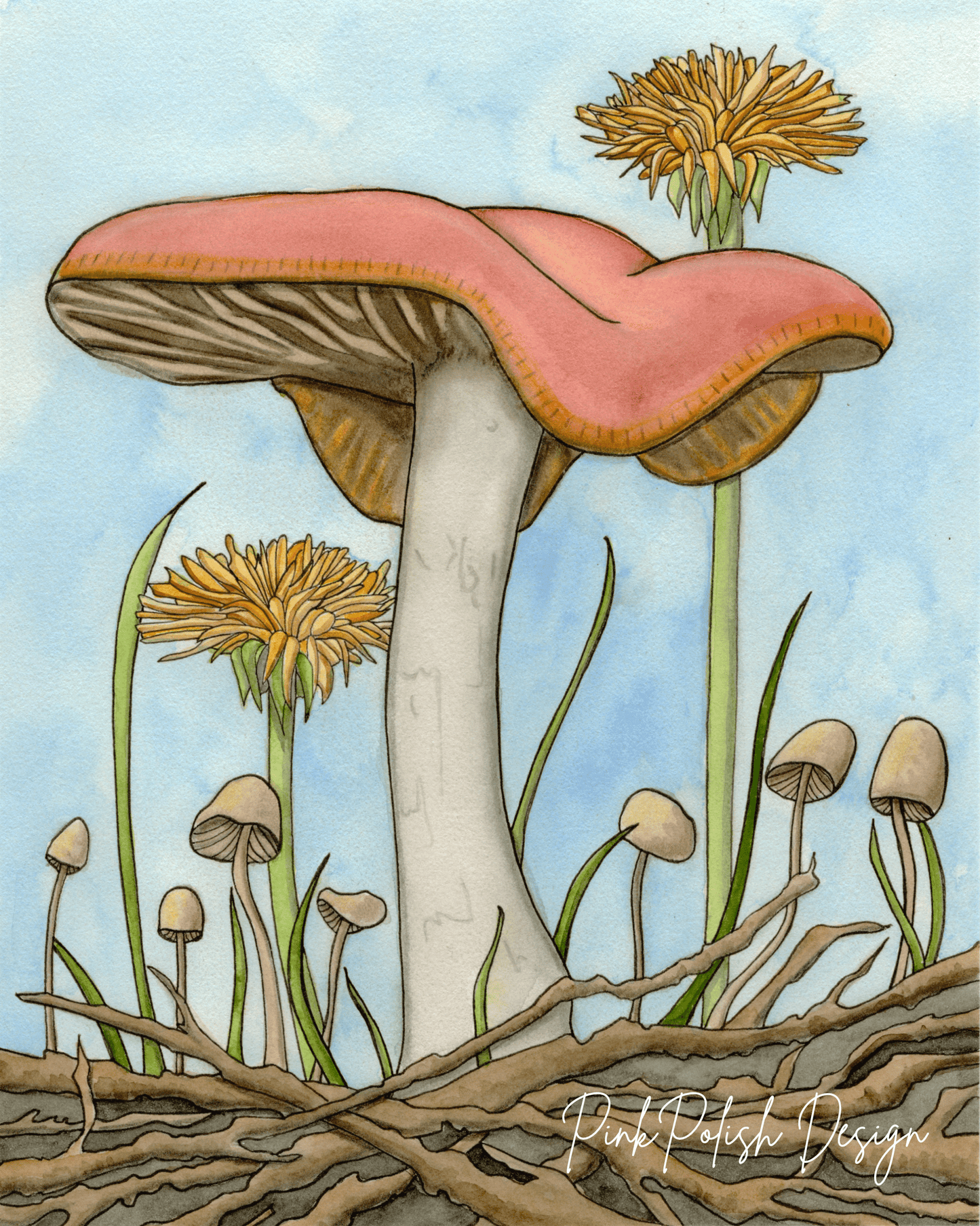 PinkPolish Design Art Prints "Spring Mushrooms" Watercolor Painting: Art Print