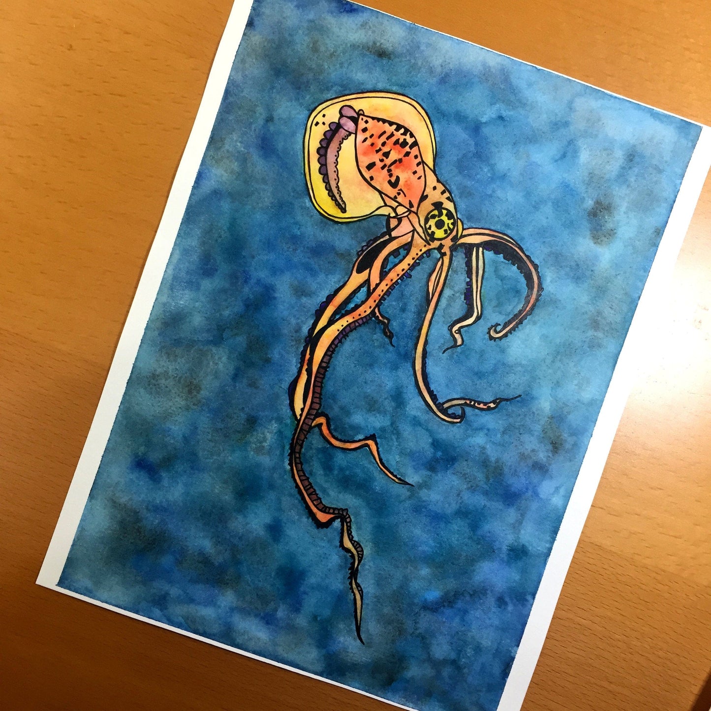PinkPolish Design Original Art "Squid" Sea Life Inspired Original Watercolor & Ink Illustration