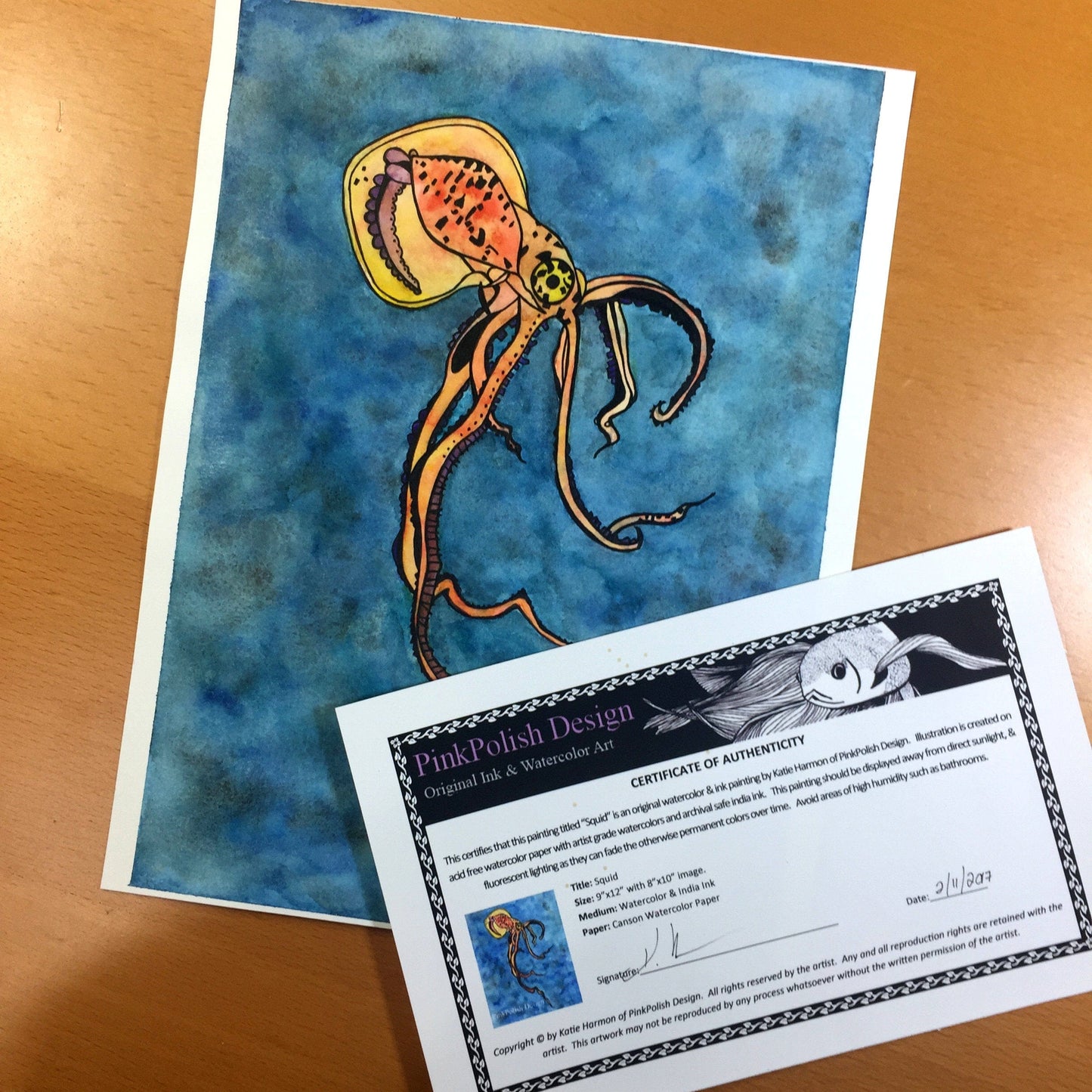 PinkPolish Design Original Art "Squid" Sea Life Inspired Original Watercolor & Ink Illustration