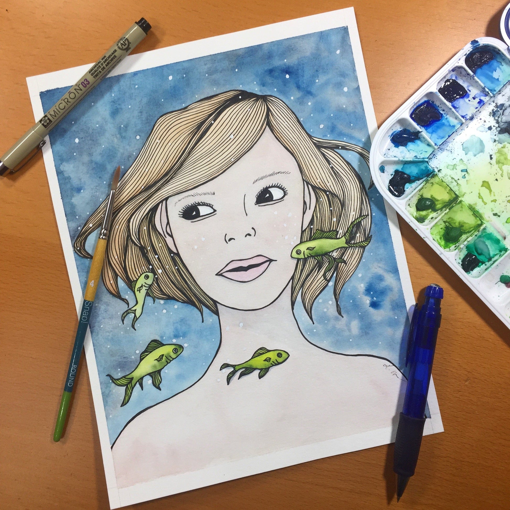 PinkPolish Design Original Art "Swimming With The Fishes" Underwater Inspired Original Watercolor & Ink Illustration