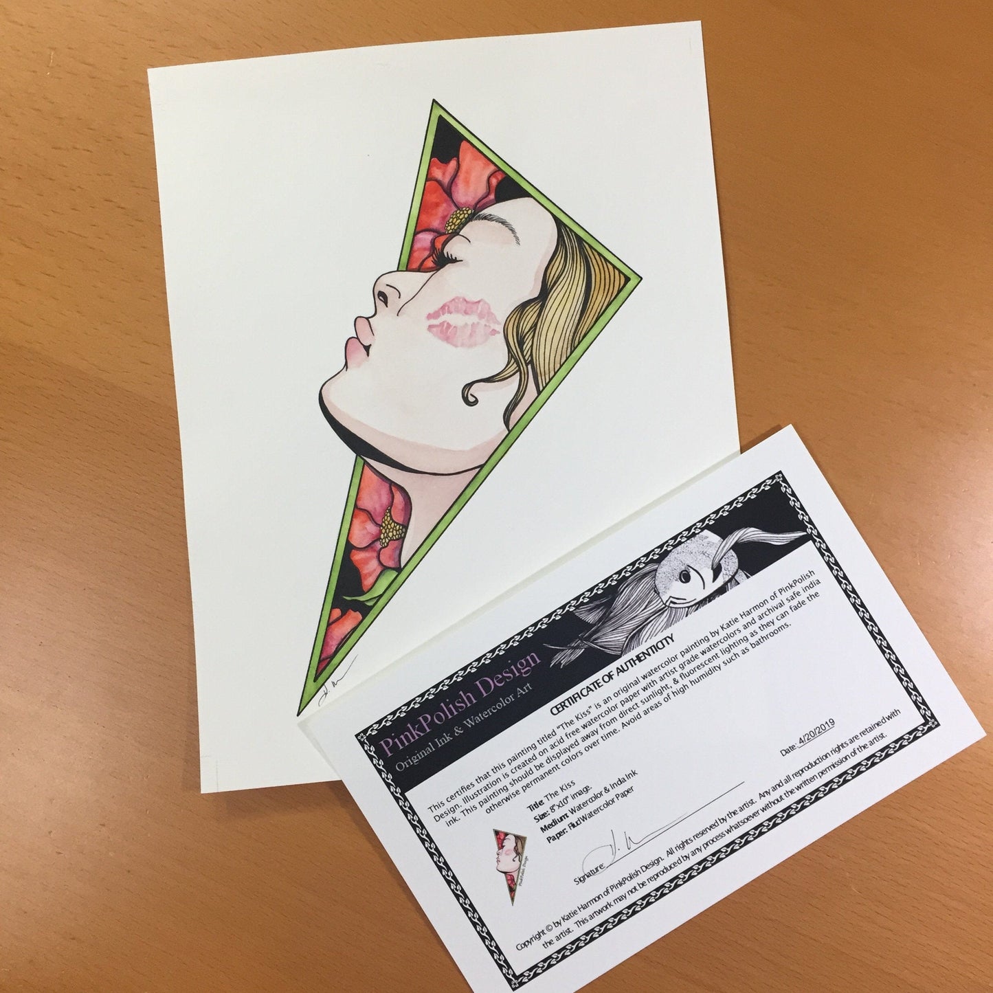 PinkPolish Design Original Art "The Kiss" Romance Inspired Original Watercolor & Ink Illustration