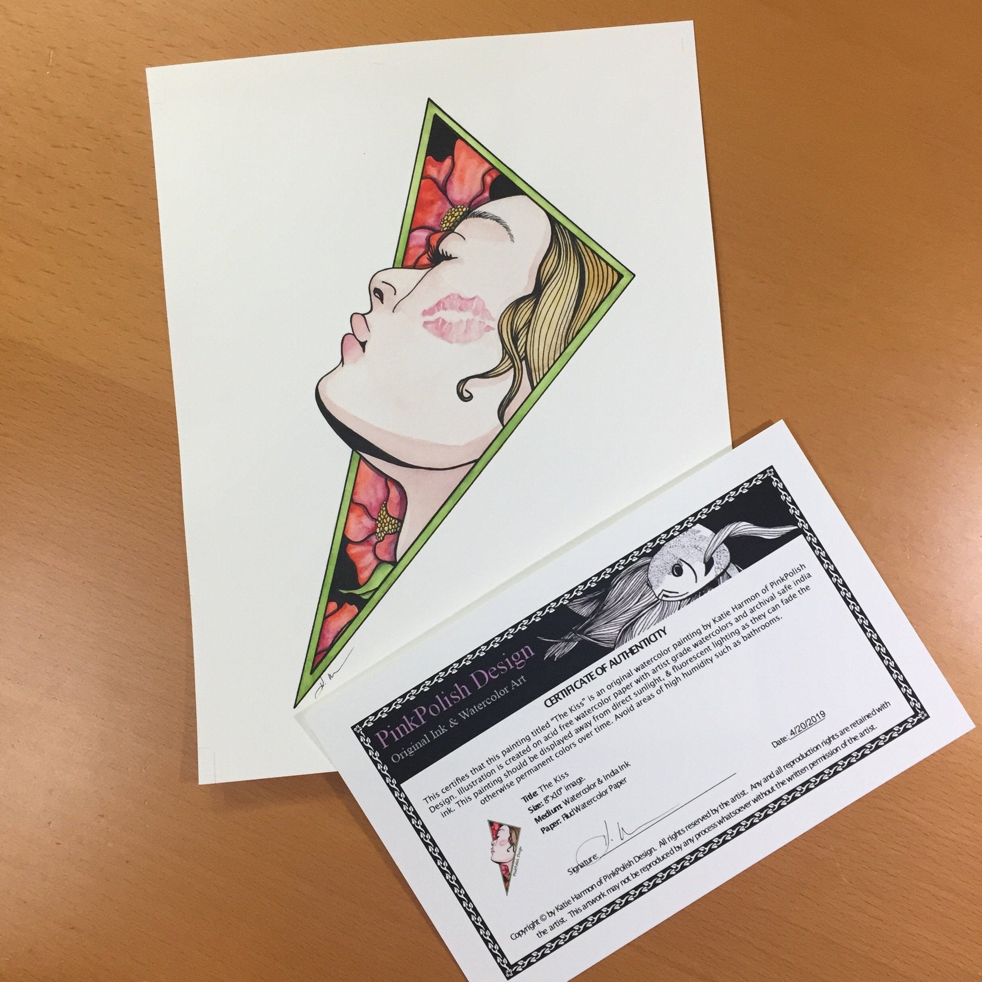 PinkPolish Design Original Art "The Kiss" Romance Inspired Original Watercolor & Ink Illustration