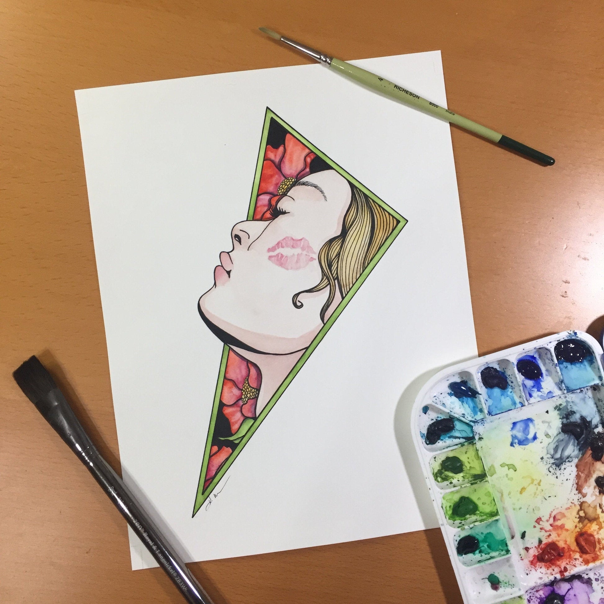 PinkPolish Design Original Art "The Kiss" Romance Inspired Original Watercolor & Ink Illustration