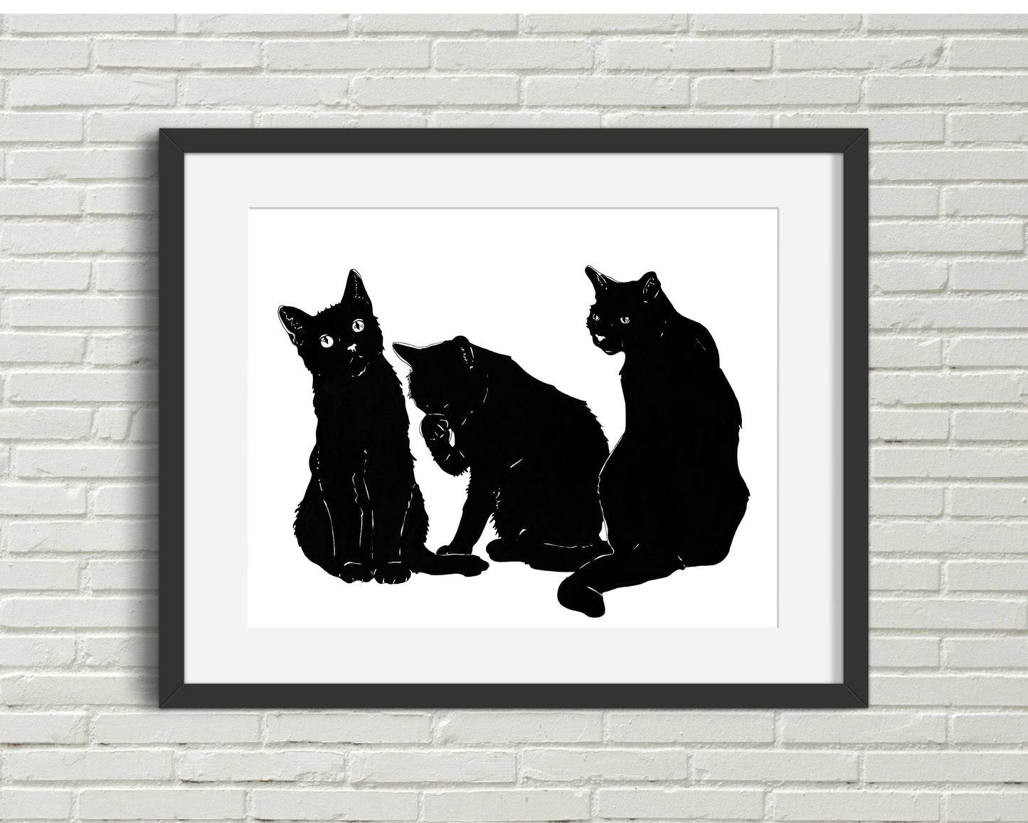 PinkPolish Design Art Prints 11x14 "Three Black Cats" Ink Drawing: Art Print