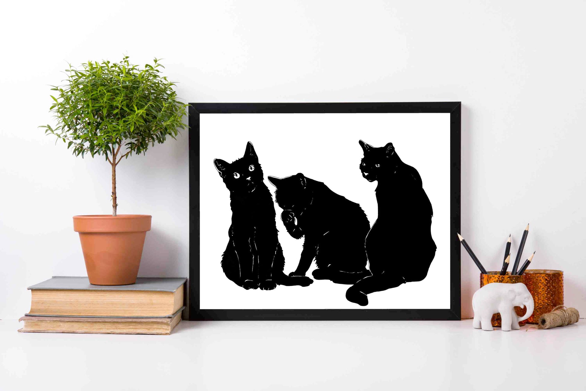 PinkPolish Design Art Prints 8x10 "Three Black Cats"  Ink Drawing: Art Print