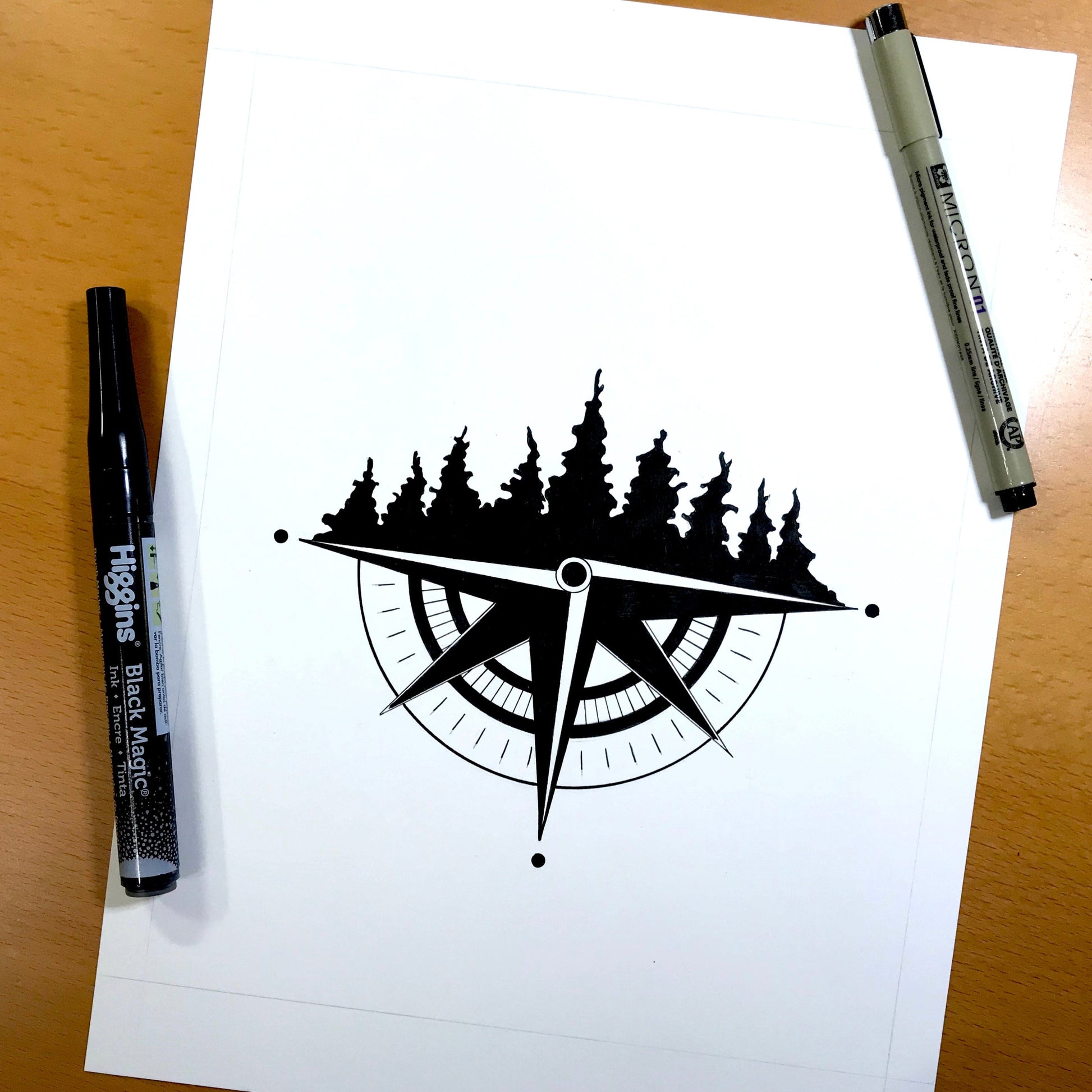PinkPolish Design Original Art "Tree Ridge Compass" Pacific Northwest Inspired Original Ink Illustration