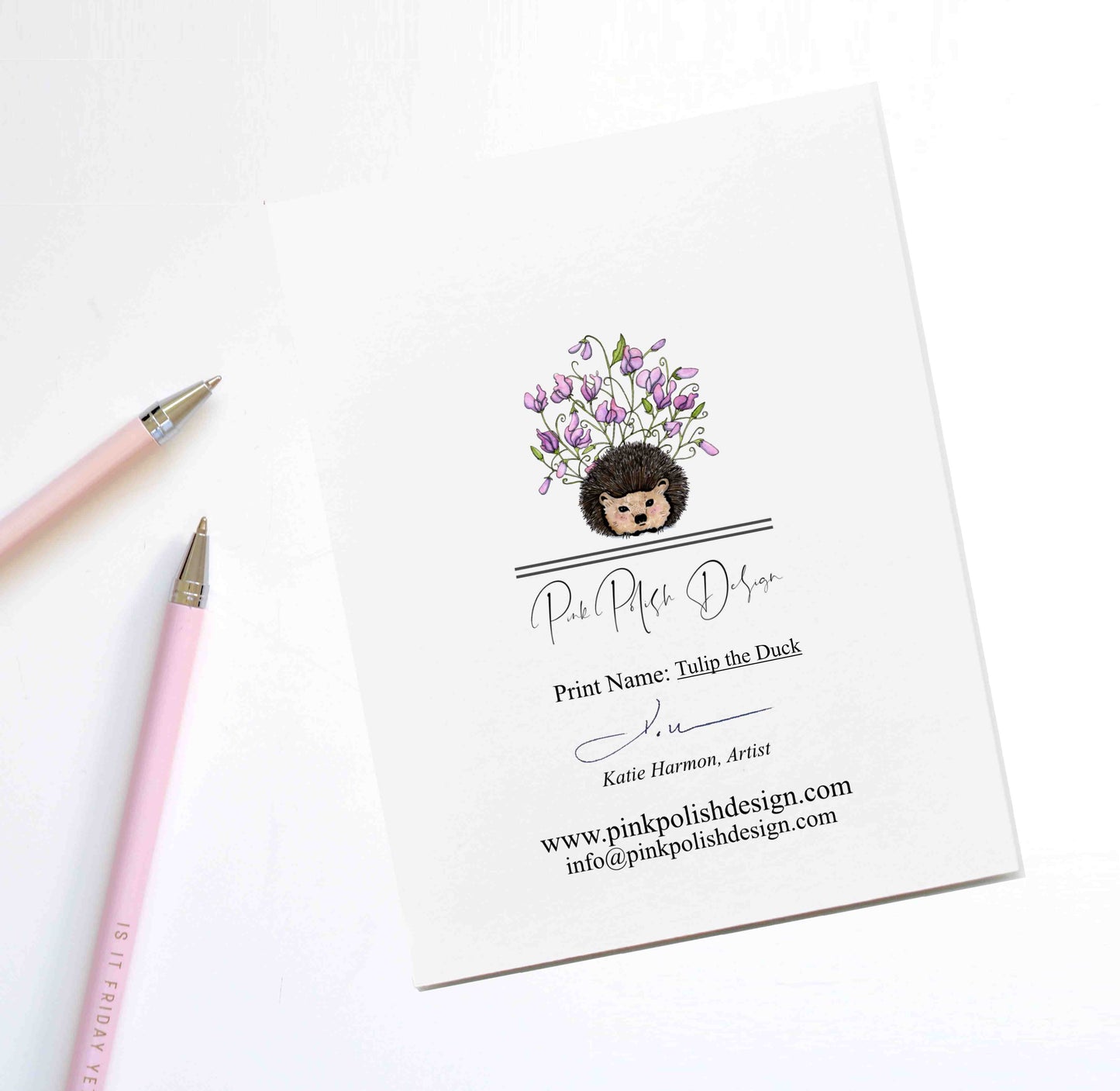 PinkPolish Design Note Cards "Tulip the Duckling" Handmade Notecard