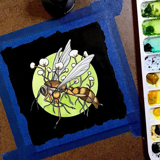 PinkPolish Design Original Art "Yellow Jacket Zombie" Original Watercolor & Ink Illustration