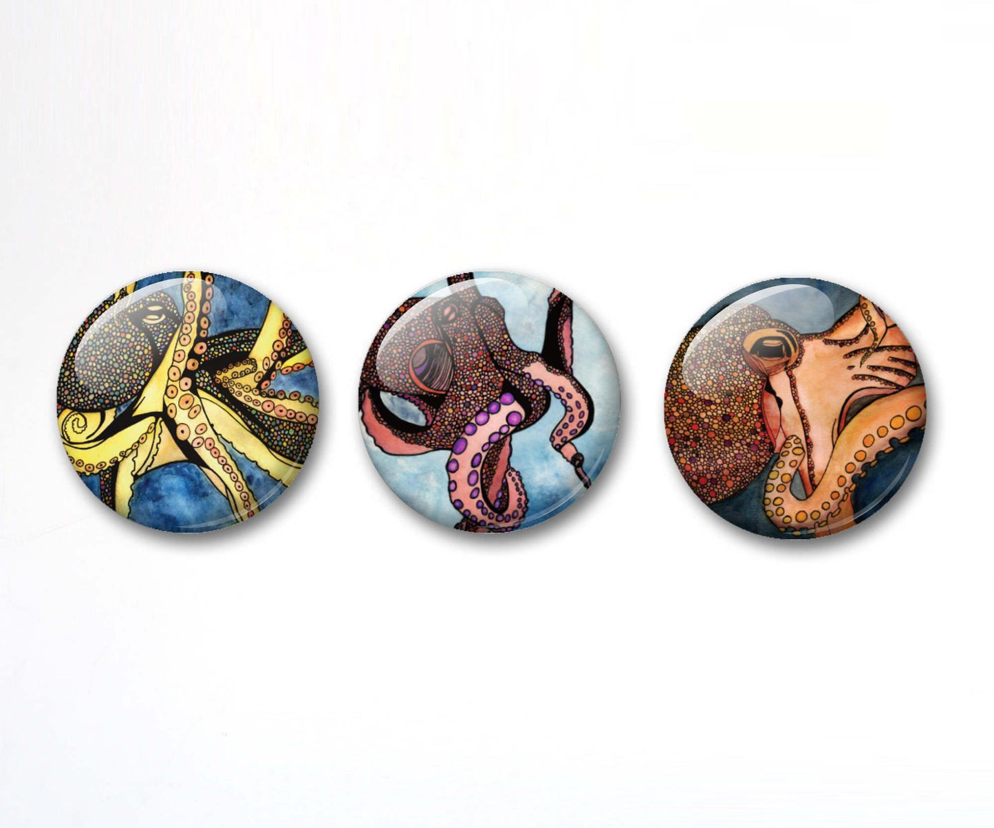 PinkPolish Design Buttons "Adventurous Octopus" Button Pack - 3-Pack Pin Back Button, 1 Inch