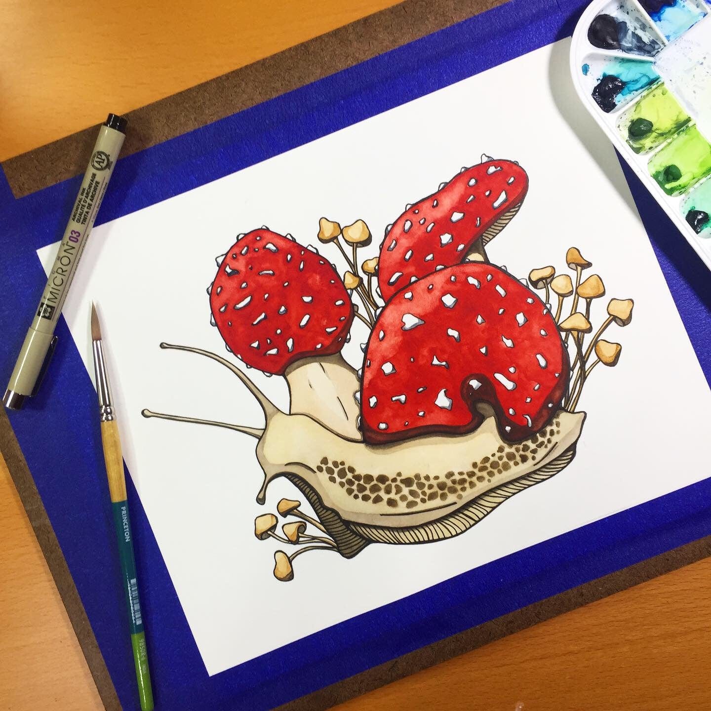 PinkPolish Design Original Art "Amanita Snail" - Fungi Inspired Original Watercolor & Ink Illustration