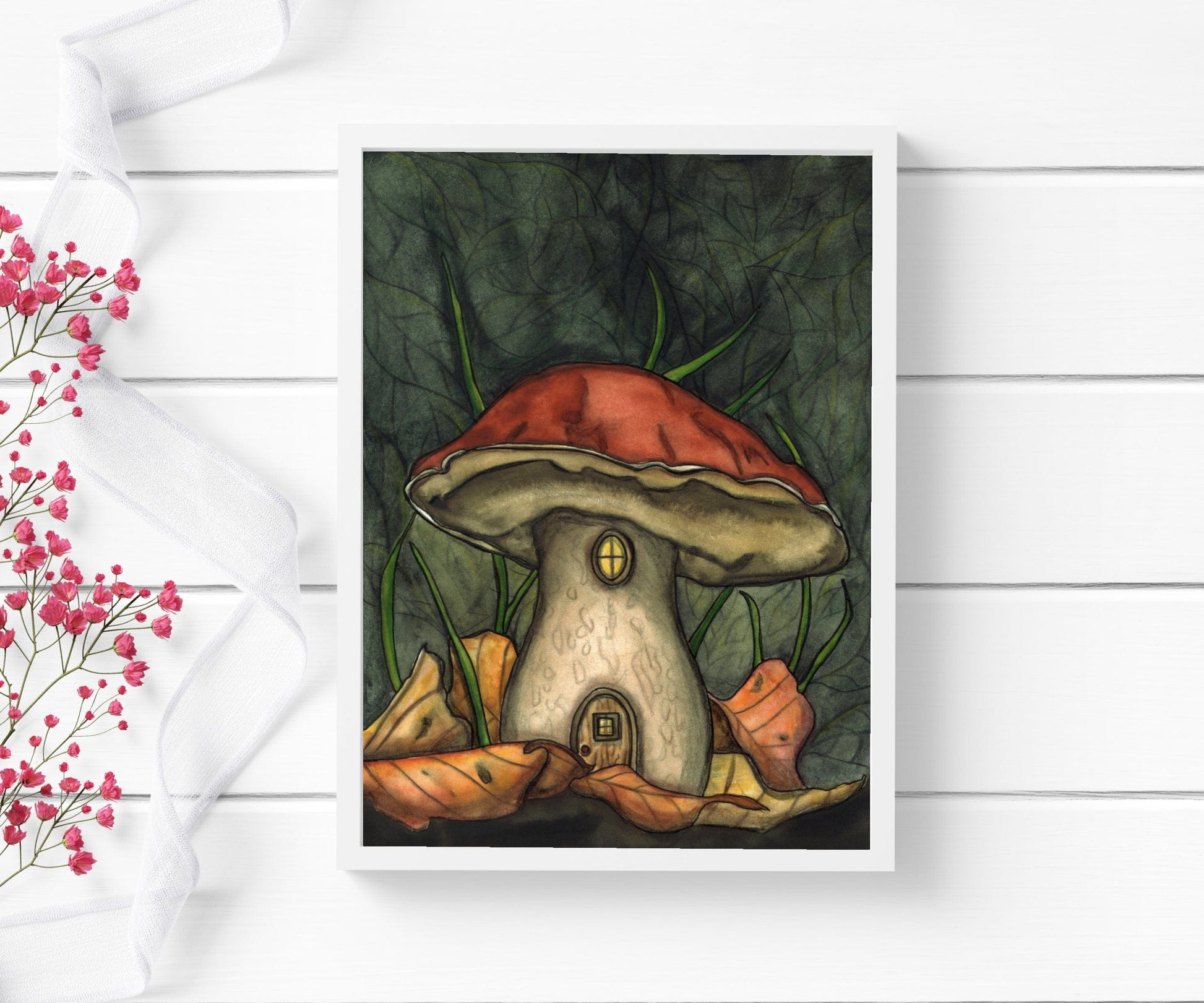 PinkPolish Design Art Prints "Autumn Mushroom Hideout" Watercolor Painting: Art Print