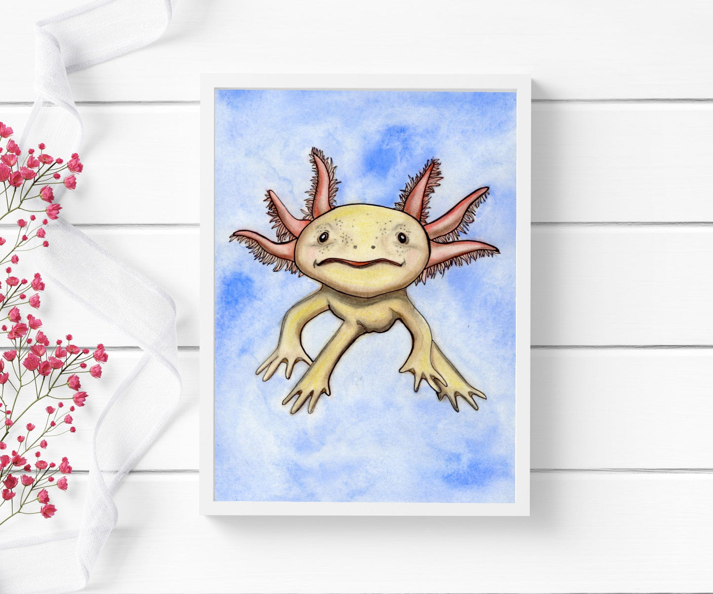 PinkPolish Design Art Prints "Axolotl Cutie " Watercolor Painting: Art Print