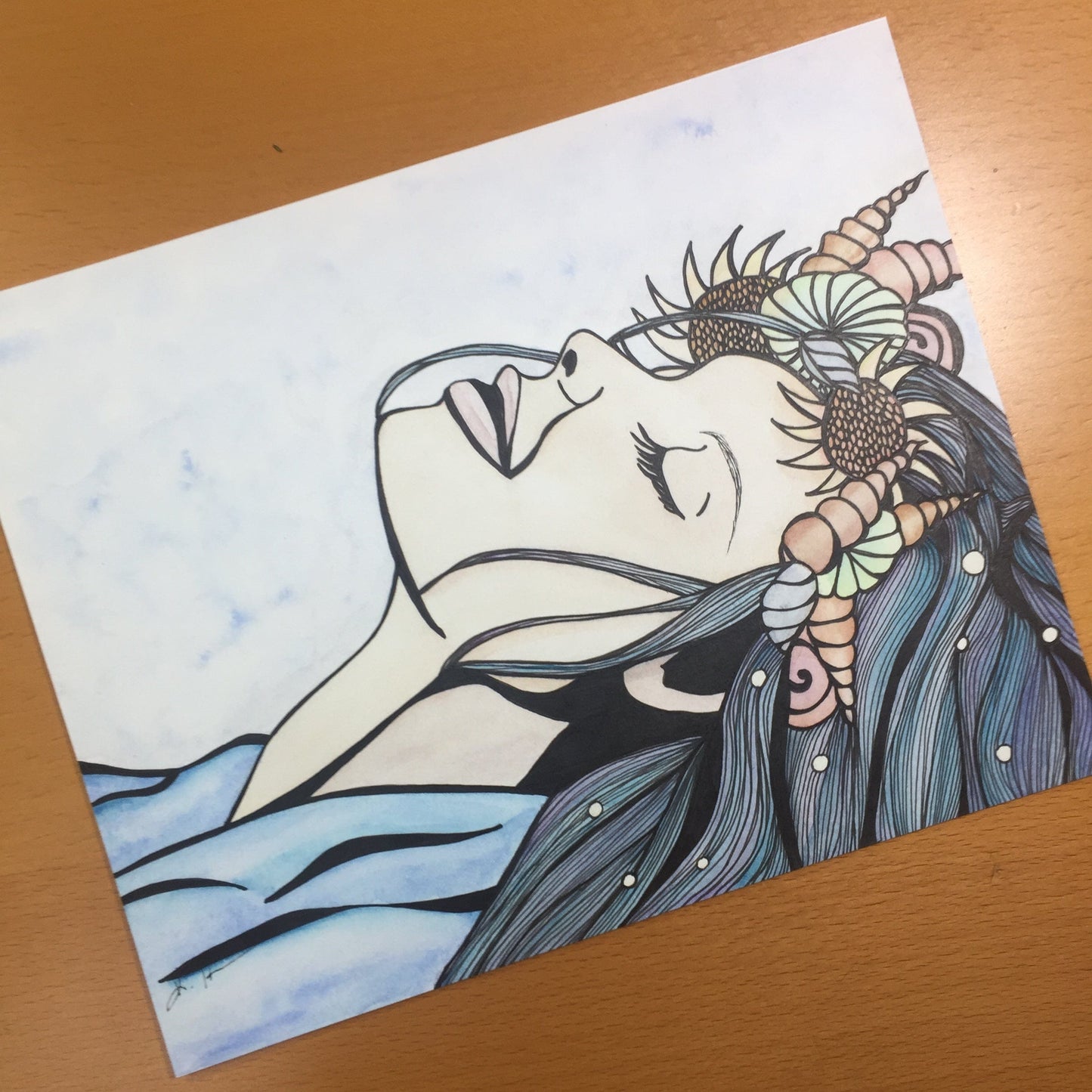 PinkPolish Design Original Art "Basking" Mermaid Inspired Original Watercolor & Ink Illustration