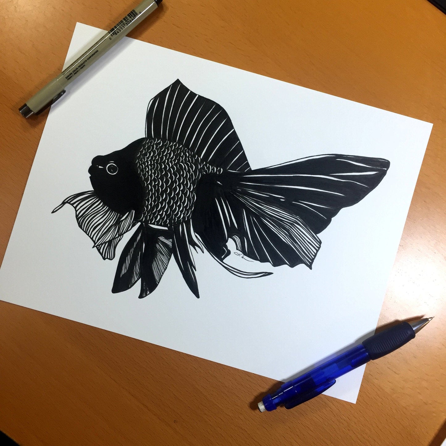 PinkPolish Design Original Art "Beauty Fish" Goldfish Inspired Original Ink Illustration