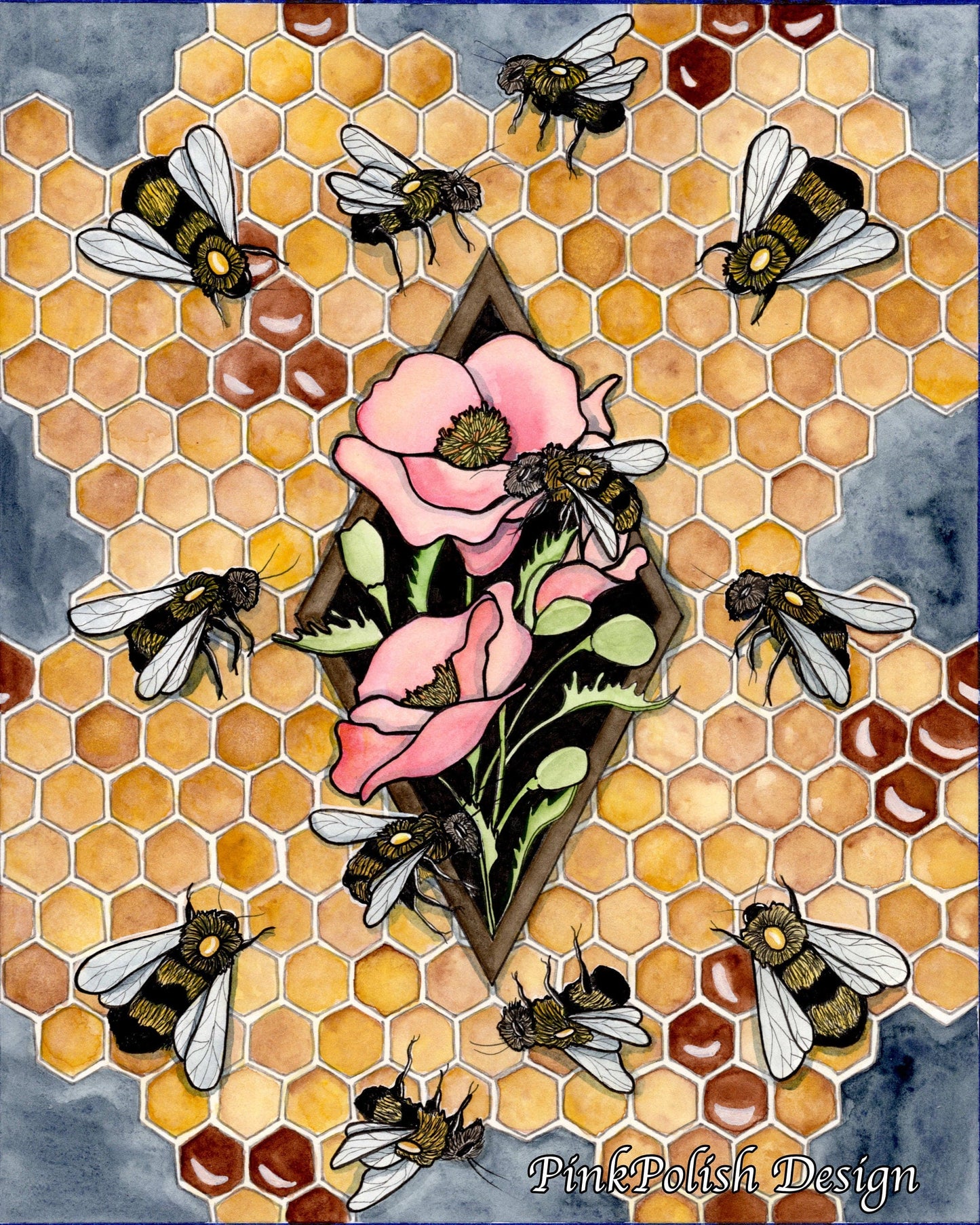 PinkPolish Design Art Prints "Bee Repetition"  Watercolor Painting: Art Print