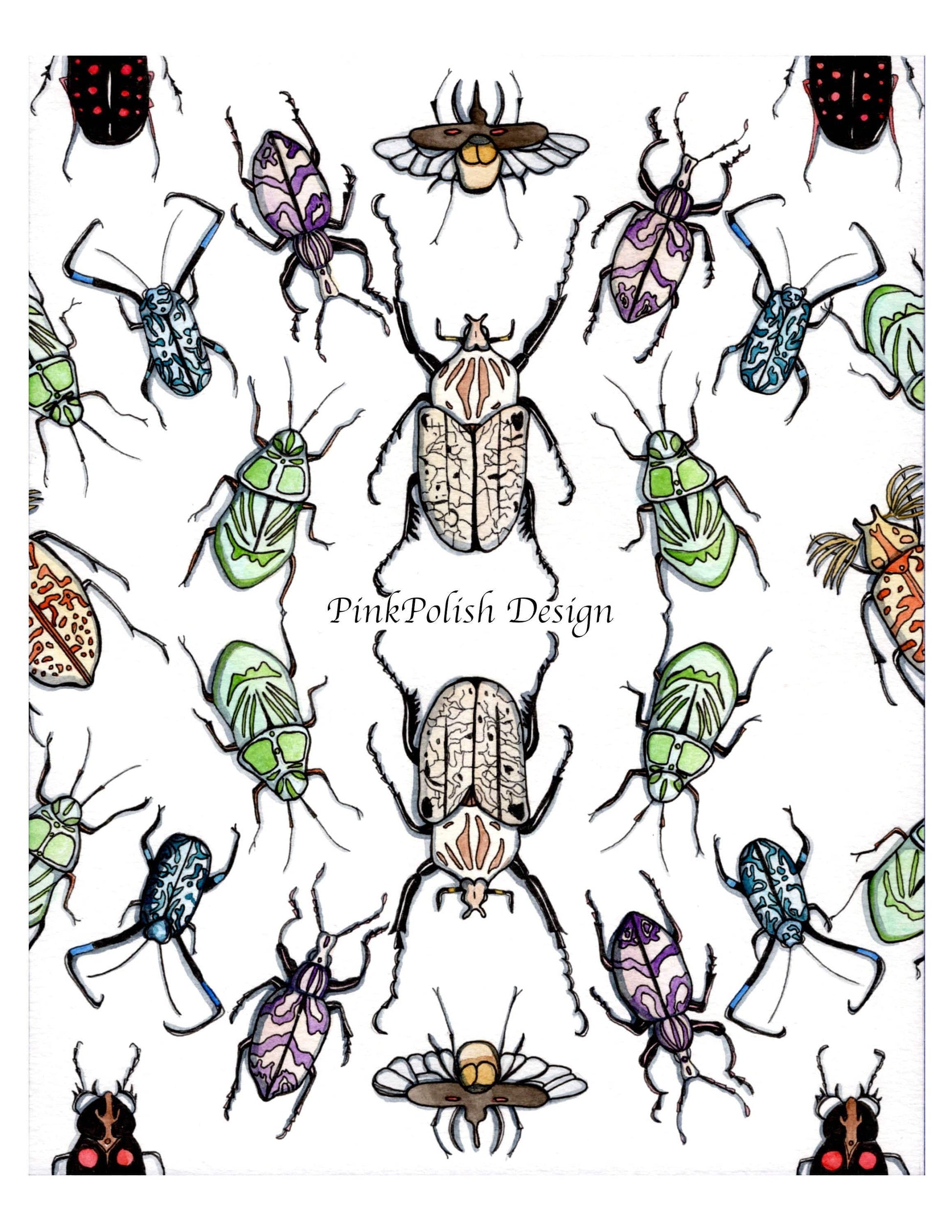 PinkPolish Design Art Prints "Beetle Repetition" Watercolor Painting: Art Print