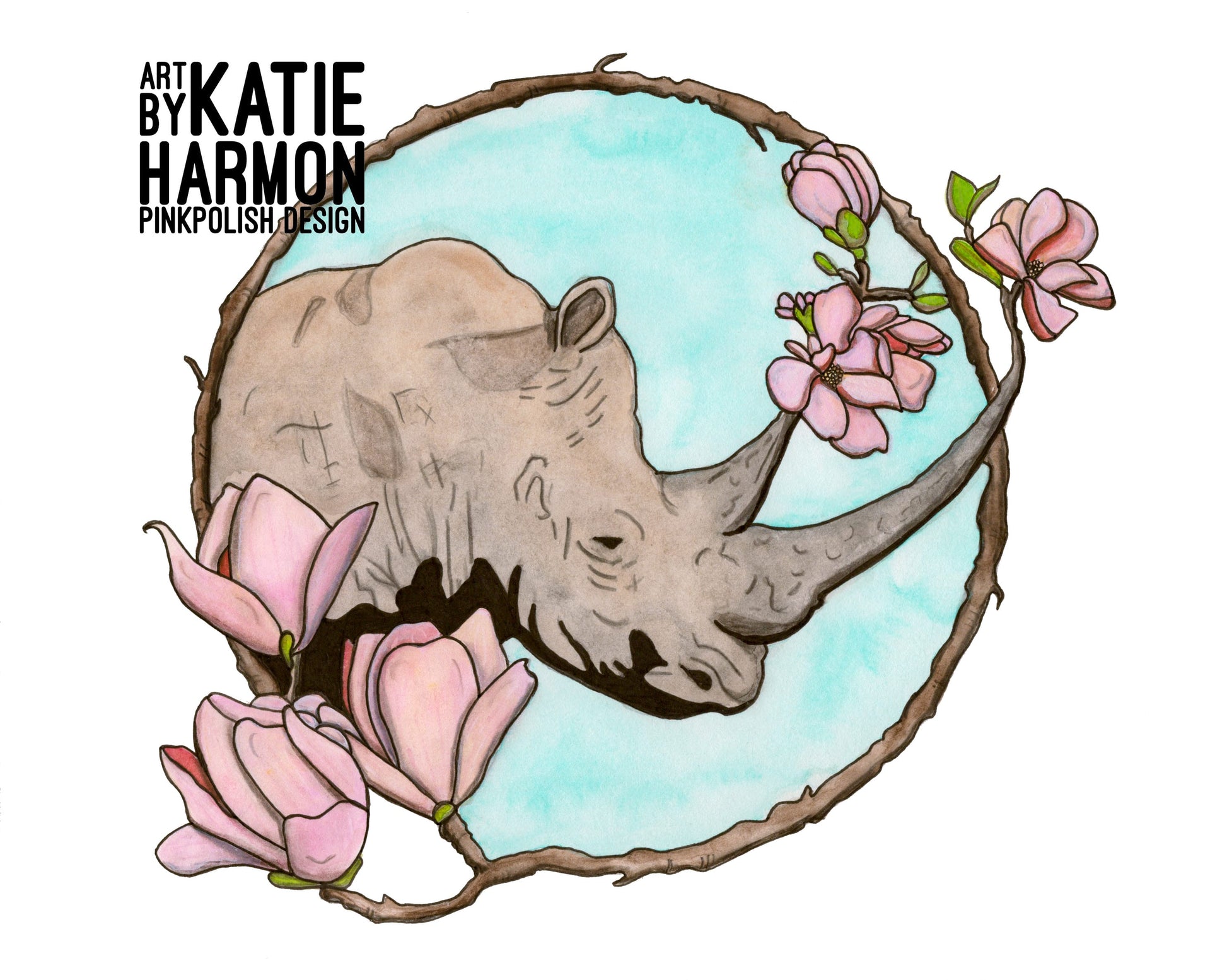 PinkPolish Design Art Prints "Bloomin' Rhino"  Watercolor Painting: Art Print