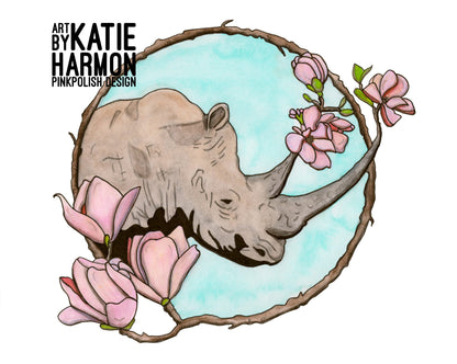 PinkPolish Design Art Prints "Bloomin' Rhino"  Watercolor Painting: Art Print
