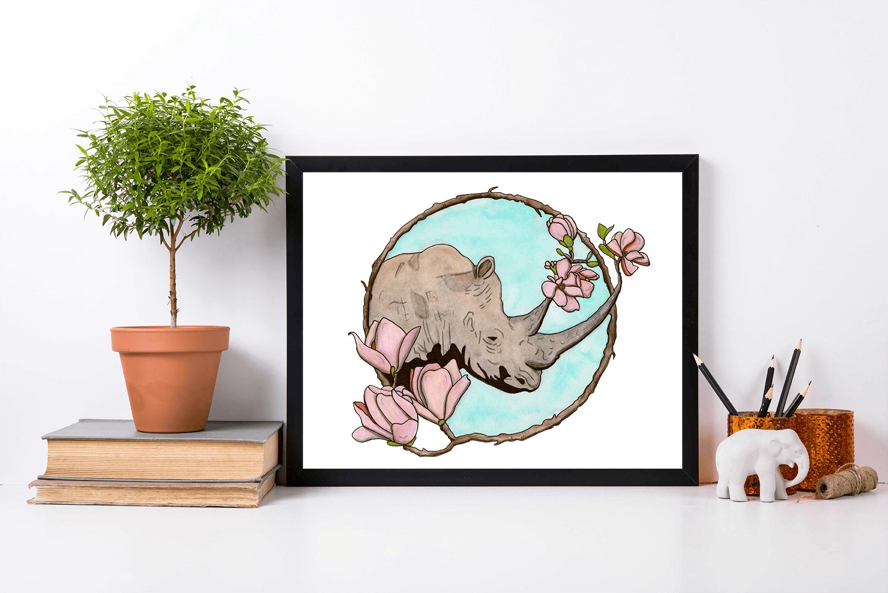 PinkPolish Design Art Prints "Bloomin' Rhino"  Watercolor Painting: Art Print