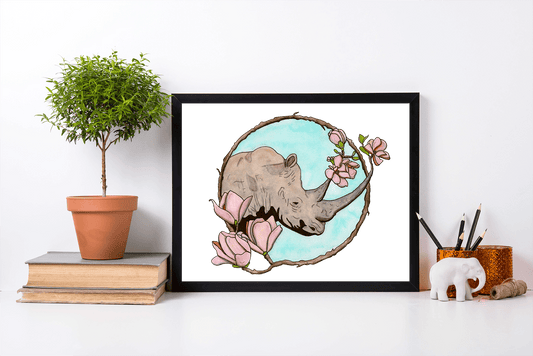 PinkPolish Design Art Prints "Bloomin' Rhino"  Watercolor Painting: Art Print
