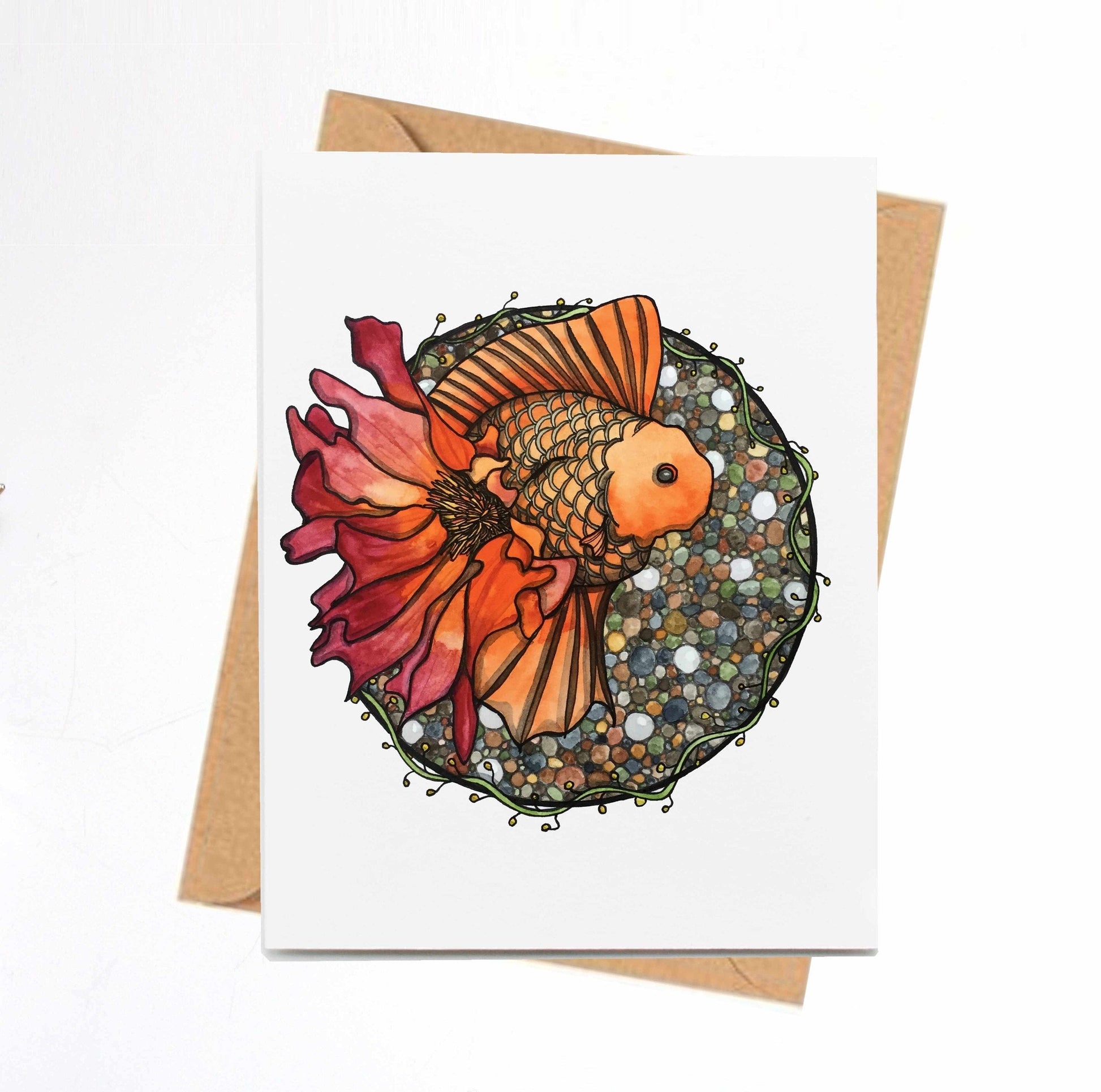 PinkPolish Design Note Cards "Blooming Goldfish" Handmade Notecard