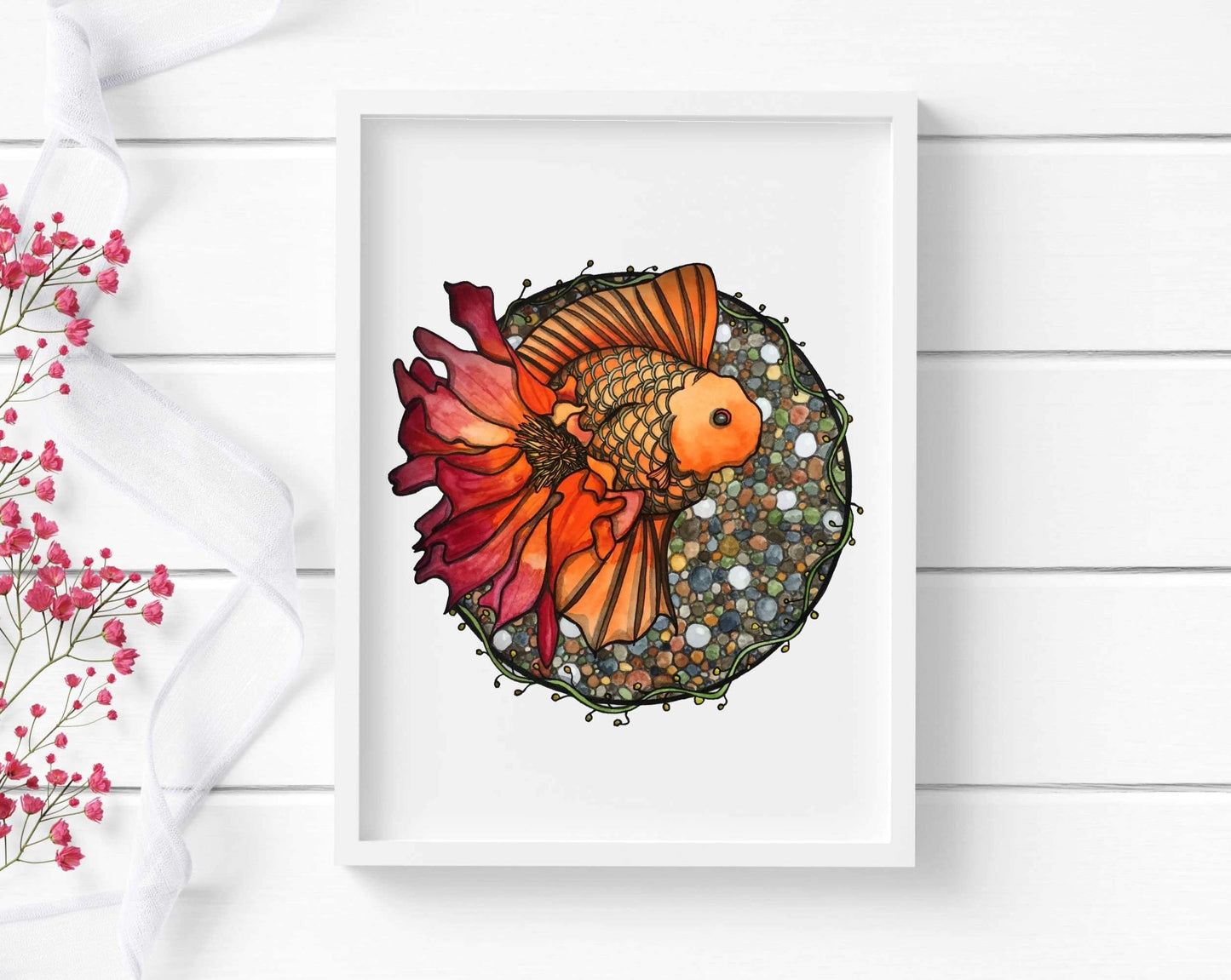 PinkPolish Design Art Prints "Blooming Goldfish"  Watercolor Painting: Art Print