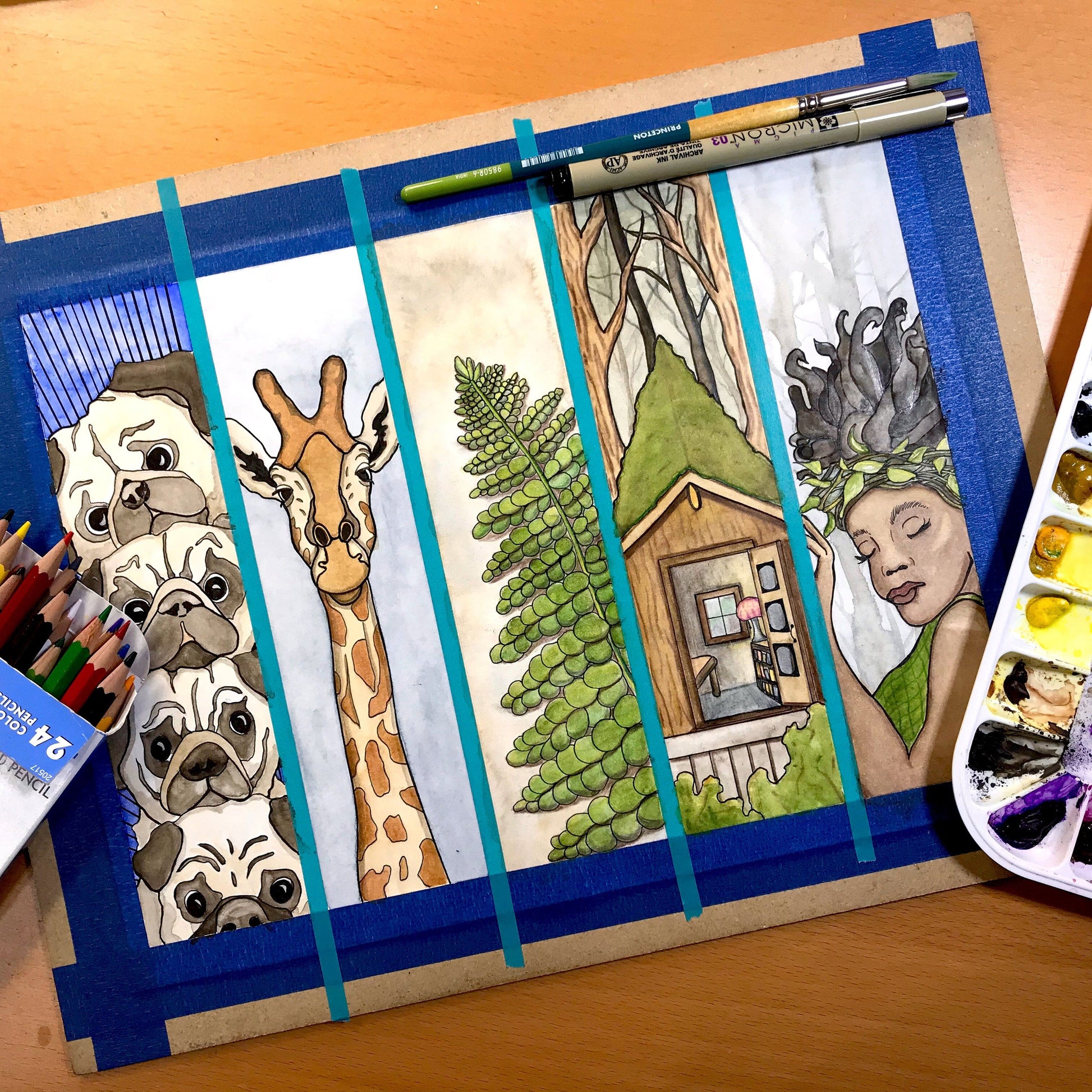 PinkPolish Design Original Art "Bookmark Sheet, Pugs, Giraffe, Fern, Hut & Forrest Nymph" - Original Watercolor & Ink Illustration