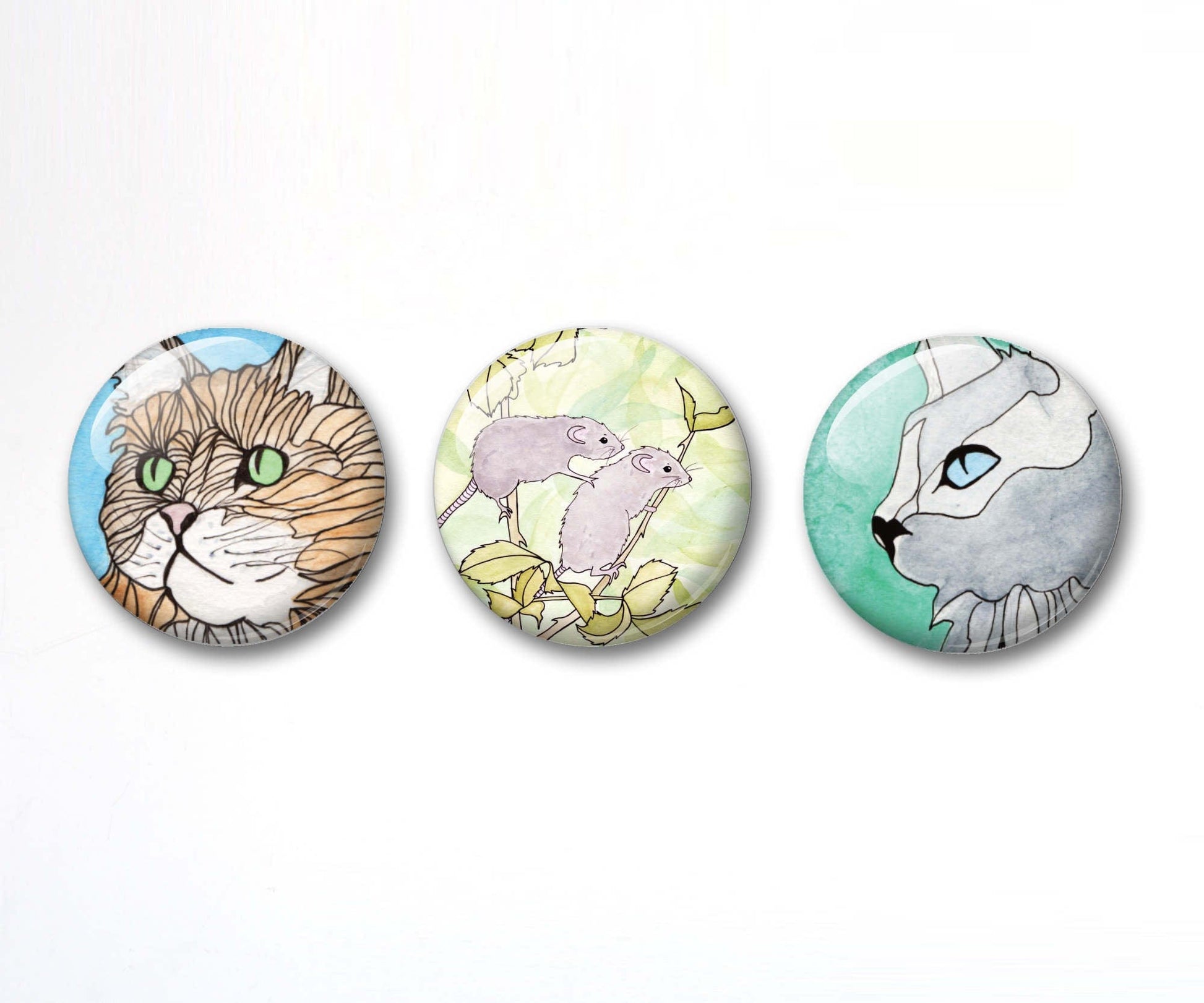 PinkPolish Design Buttons "Cat and Mouse" Button Pack - 3-Pack Pin Back Button, 1 Inch