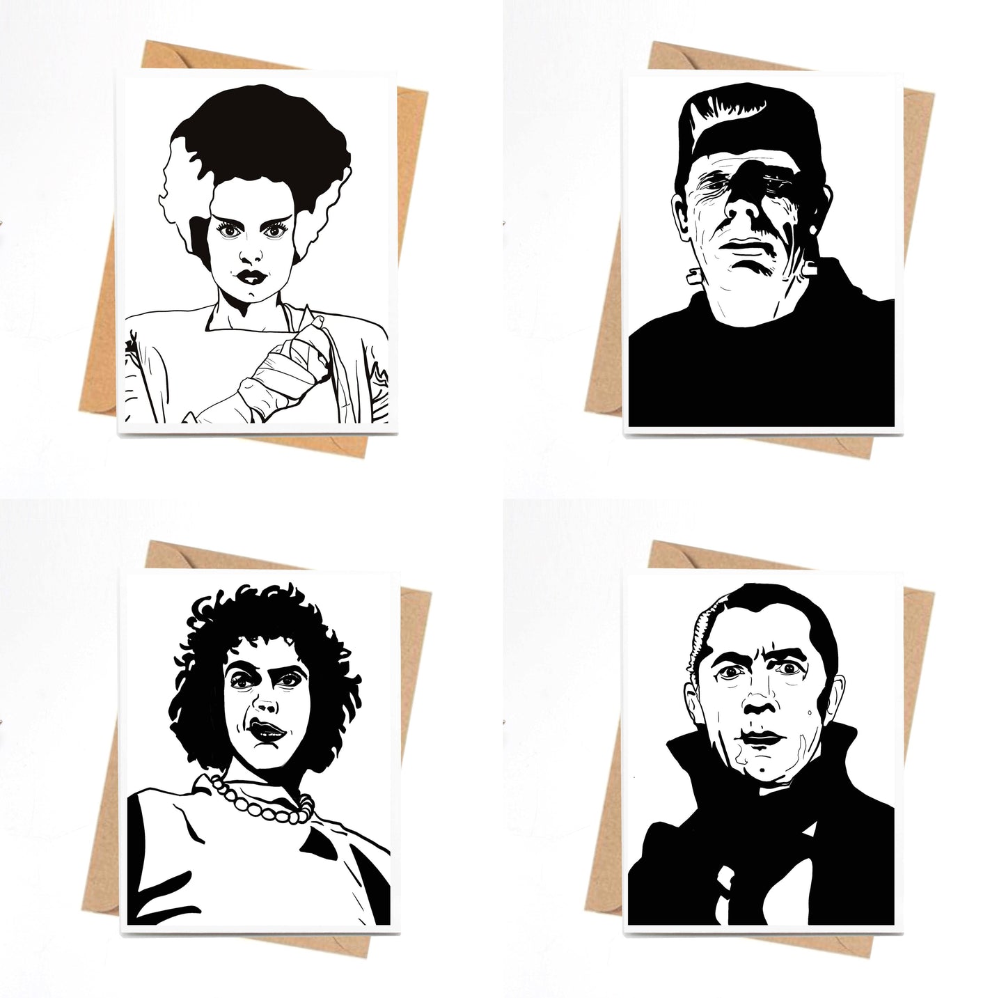 PinkPolish Design Card Pack "Classic Movie Monsters", 4 Card Pack of Handmade Notecards