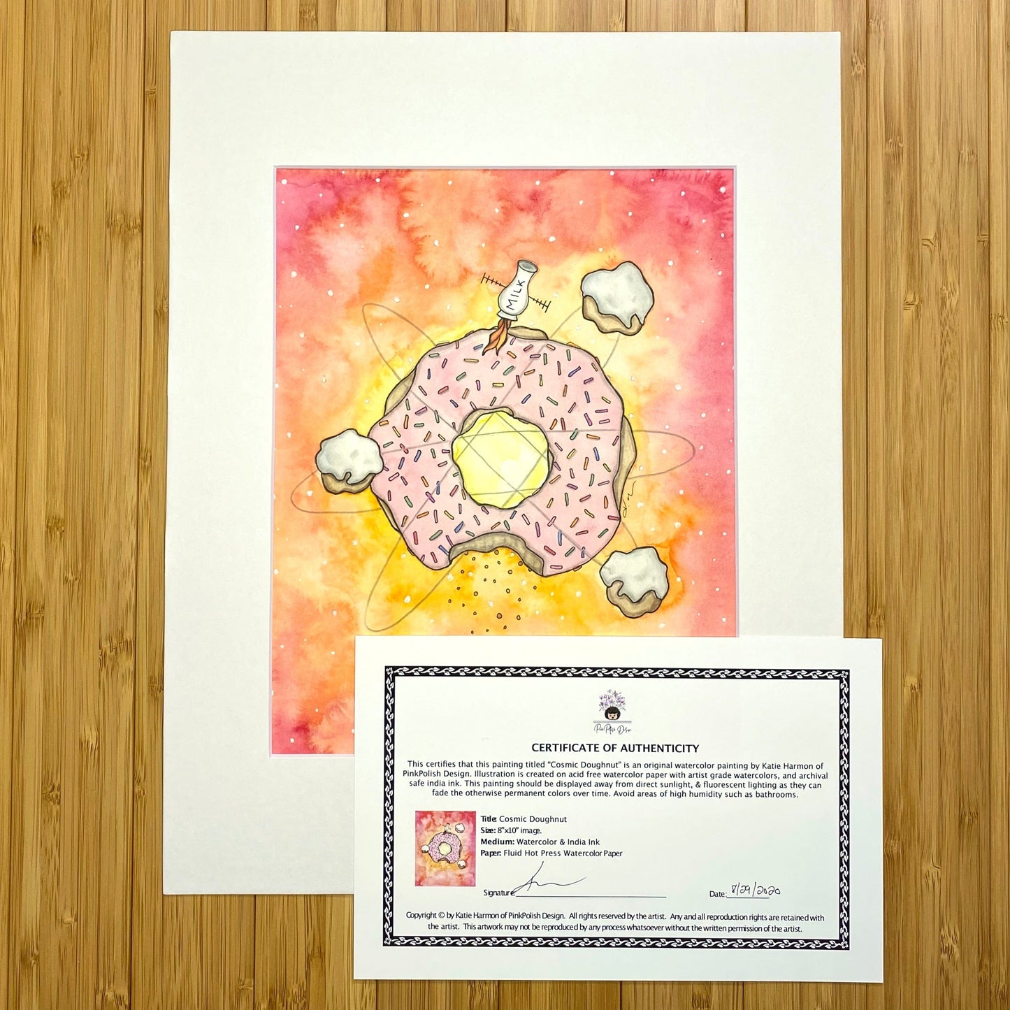 PinkPolish Design Original Art "Cosmic Doughnut" Space Inspired Original Watercolor & Ink Illustration