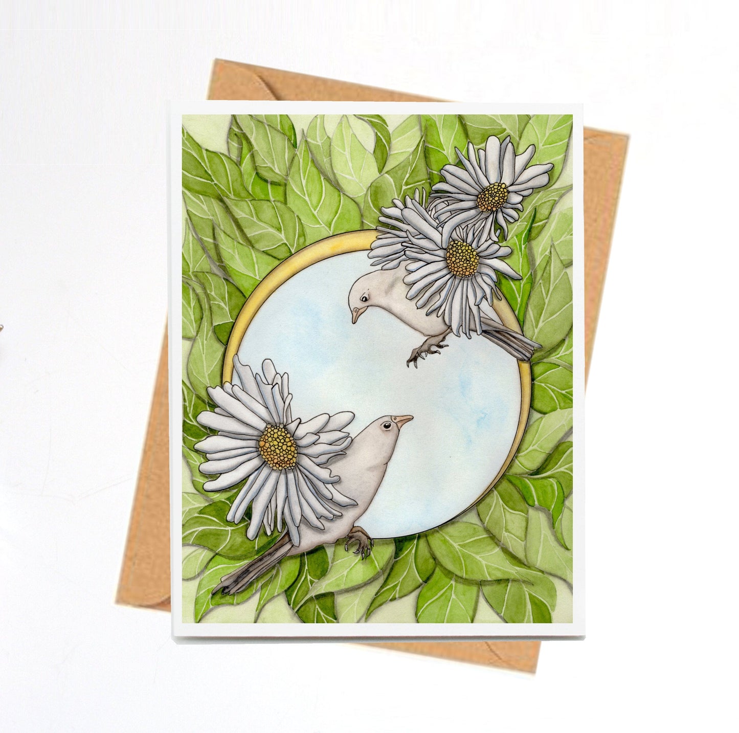 PinkPolish Design Note Cards "Daisy Finches" Handmade Note Card