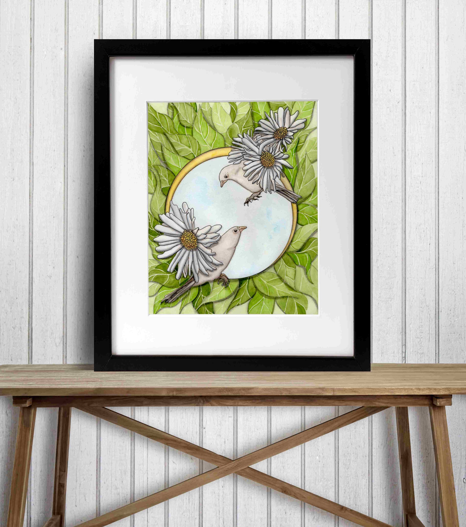 PinkPolish Design Art Prints "Daisy Finches" Watercolor Painting: Art Print