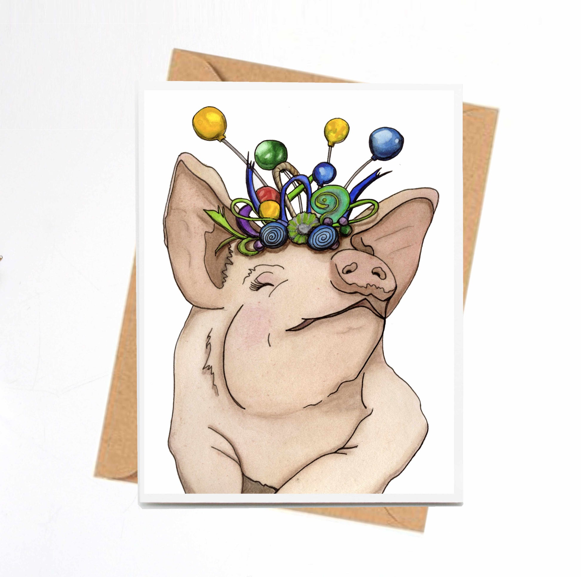 PinkPolish Design Note Cards "Festive Pig" Handmade Notecard