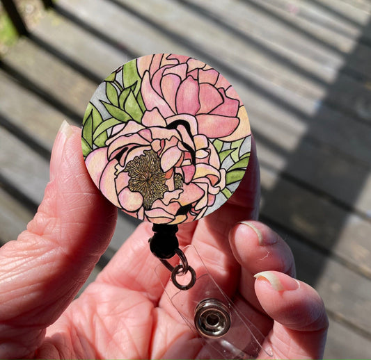 Summer Flower Retractable Badge Reels,Art Tropical Flower Leaf Floral  Purple Badge Holder with Alligator Clip ID Name Card Badge Clip