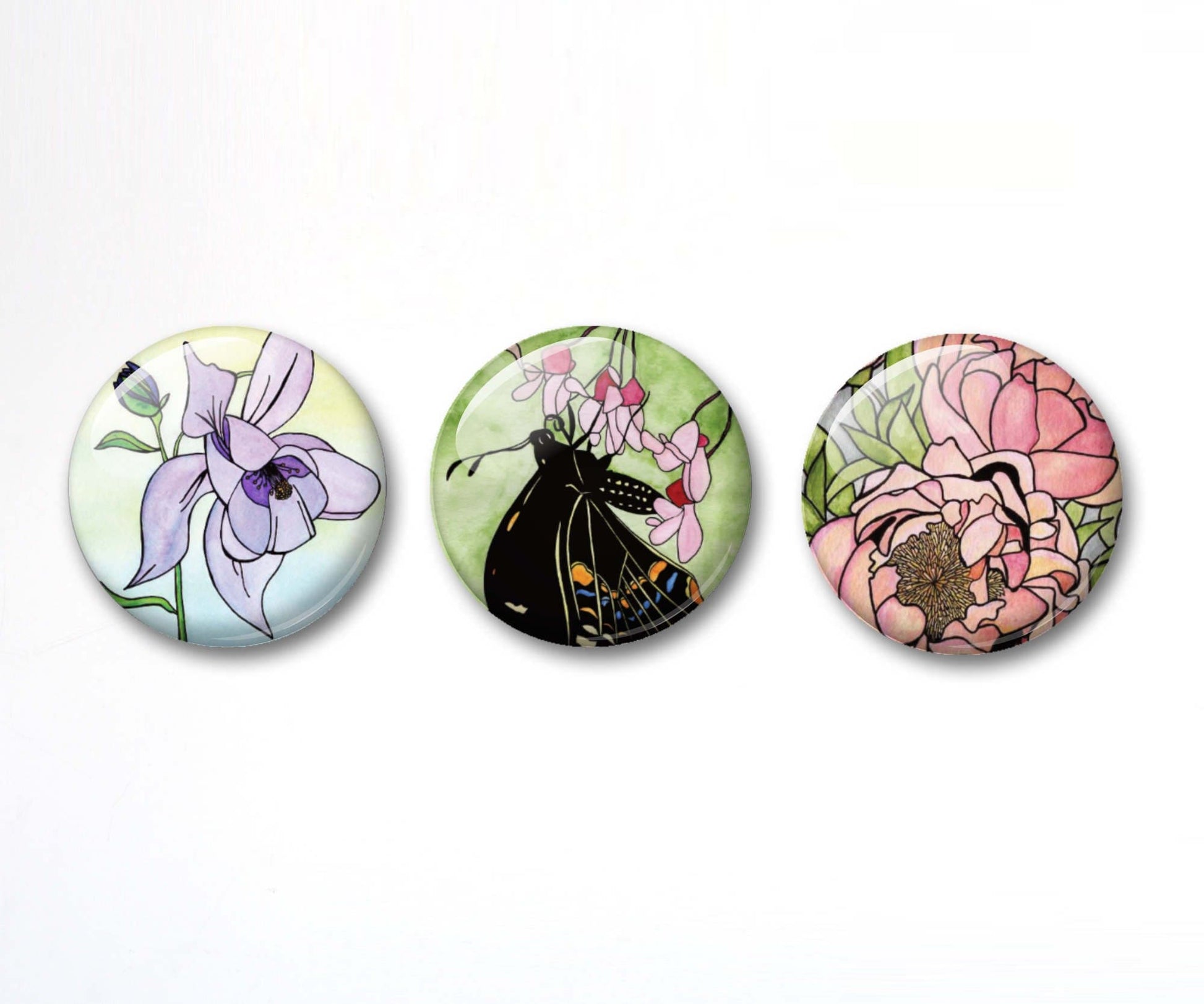 PinkPolish Design Buttons "Flowers and Butterflies" Button Pack - 3-Pack Pin Back Button, 1 Inch