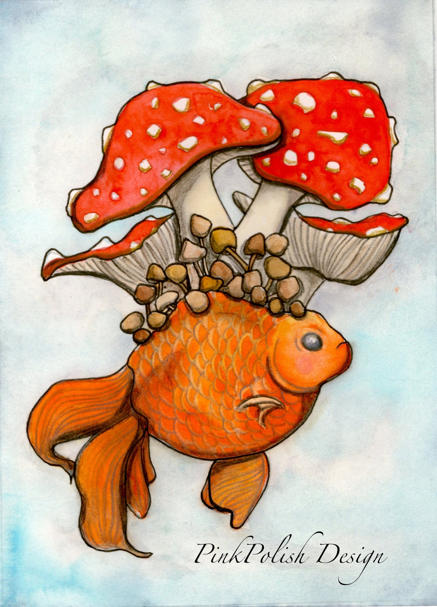 PinkPolish Design Art Prints "Fungi Fish" Watercolor Painting: Art Print