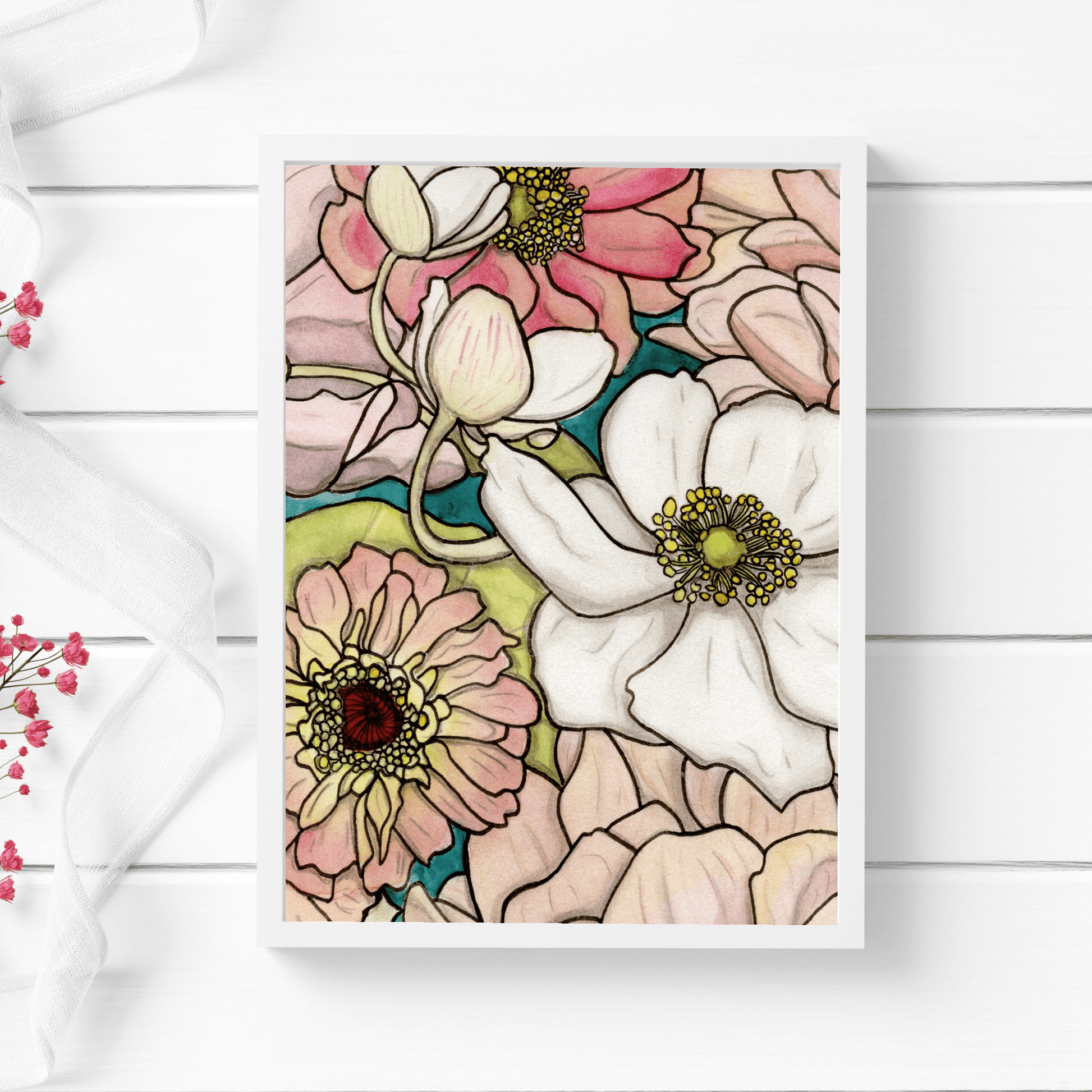 PinkPolish Design Art Prints "Garden Window Floral 1" Watercolor Painting: Art Print