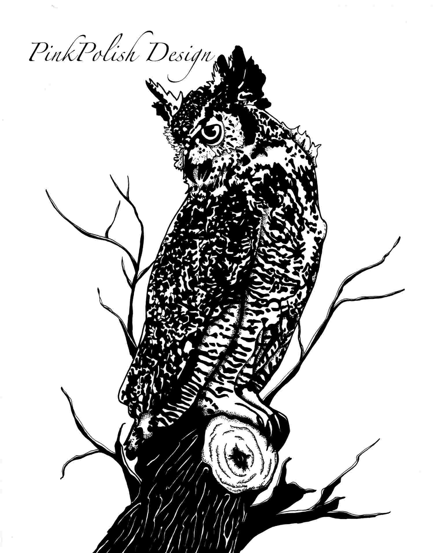 PinkPolish Design Art Prints "Great Horned Owl"  Ink Drawing: Art Print
