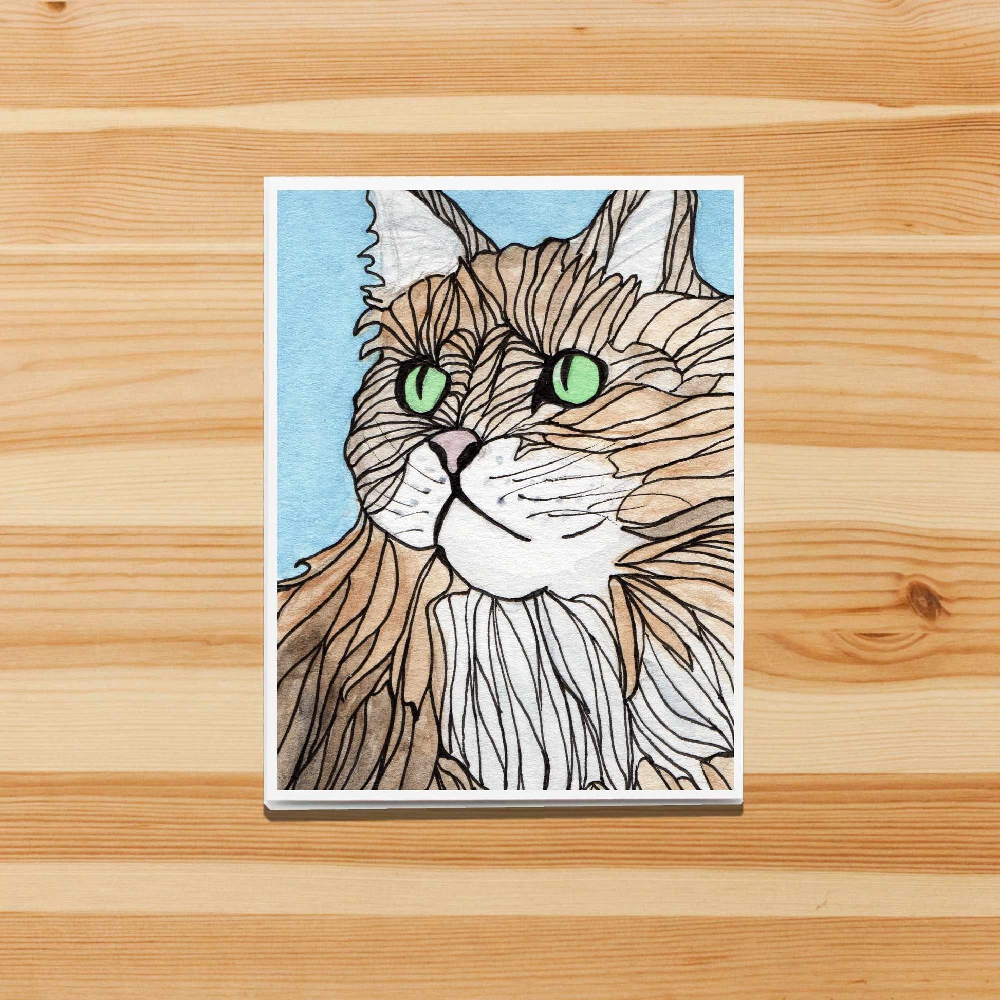 PinkPolish Design Note Cards "Green Eyed Cat" Handmade Notecard