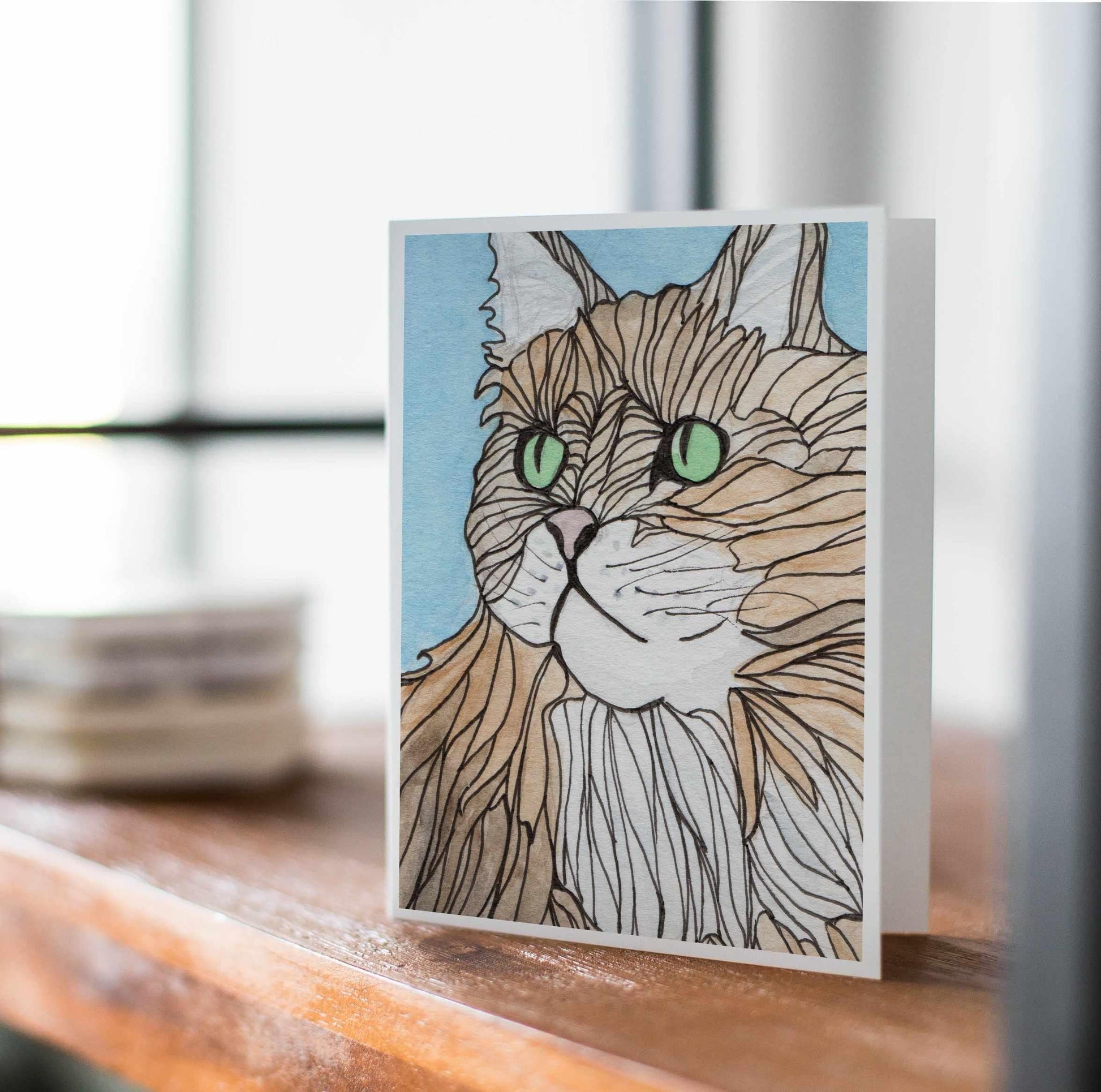PinkPolish Design Note Cards "Green Eyed Cat" Handmade Notecard