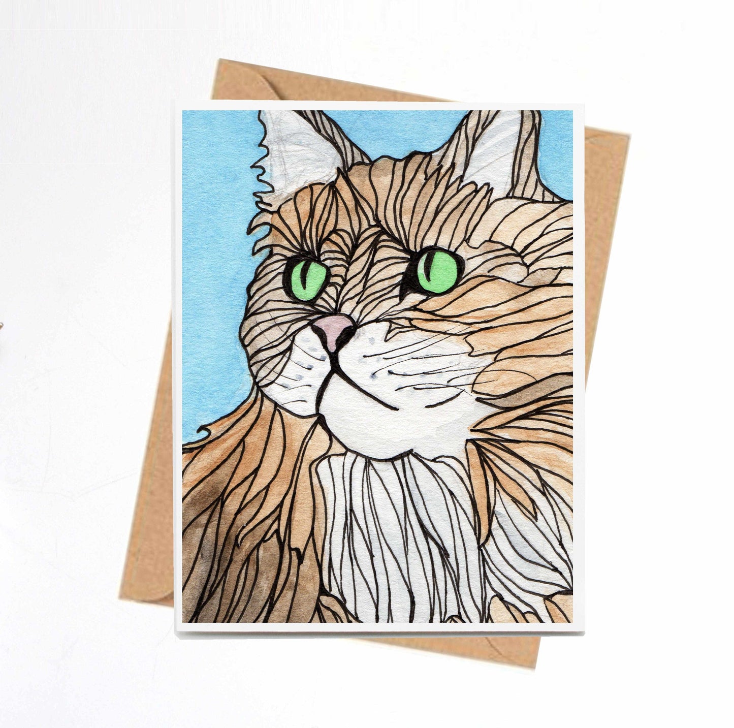 PinkPolish Design Note Cards "Green Eyed Cat" Handmade Notecard