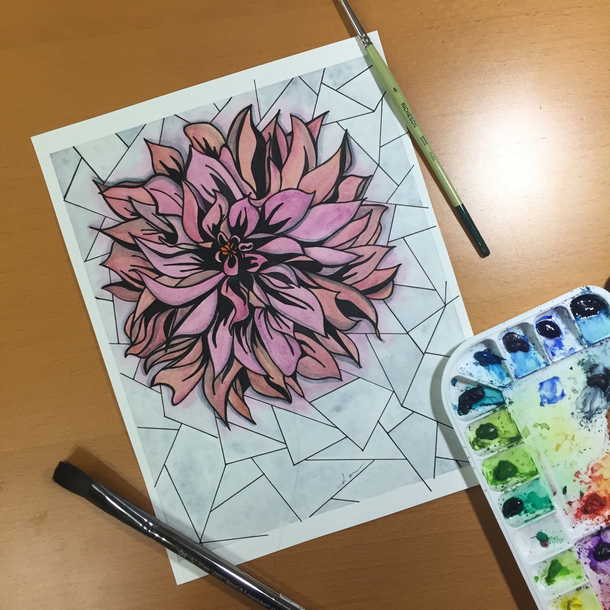 PinkPolish Design Original Art "In Bloom"  Chrysanthemum Inspired Original Watercolor & Ink Illustration