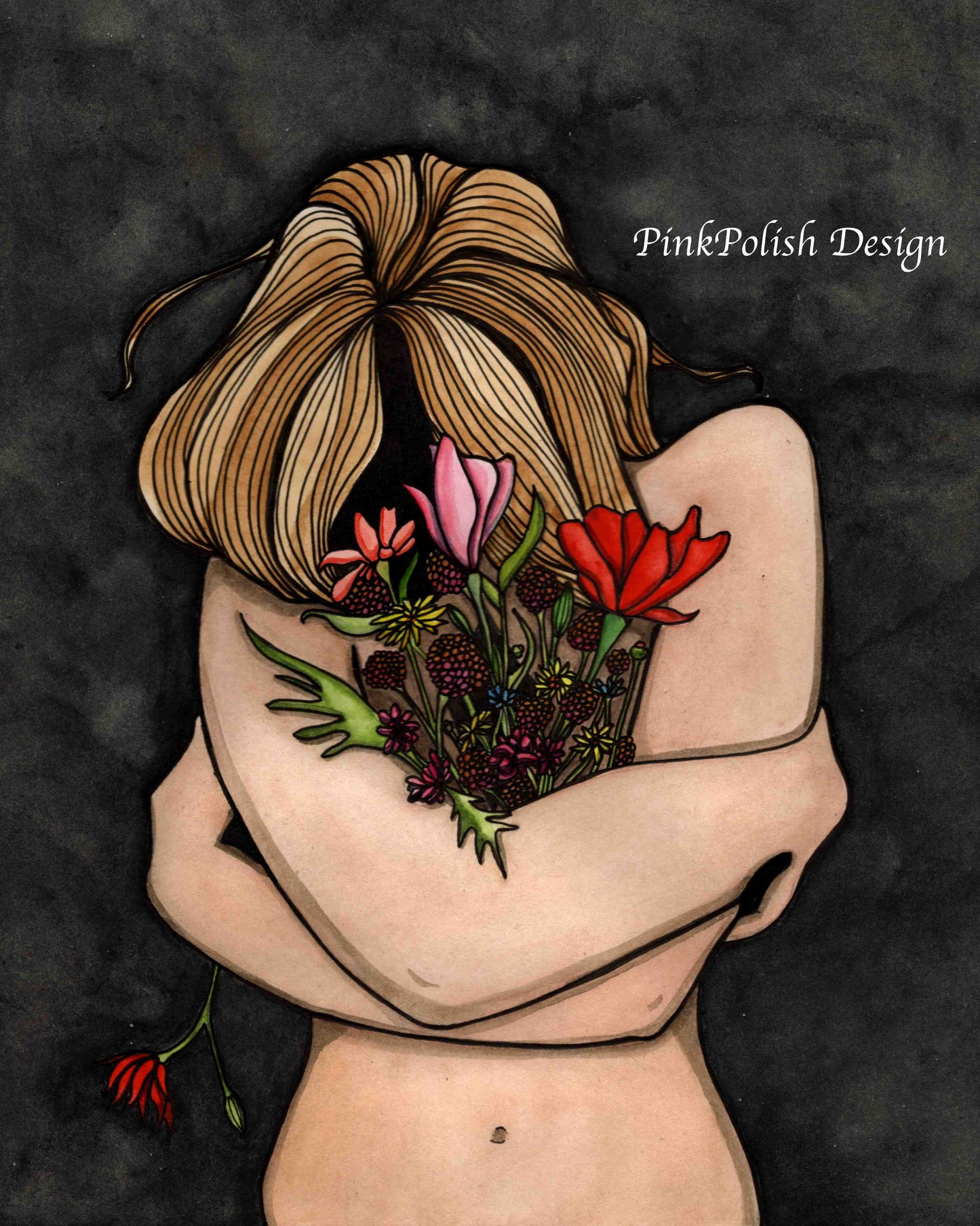 PinkPolish Design Original Art "In Darkness Bloom" Original Watercolor & Ink Illustration