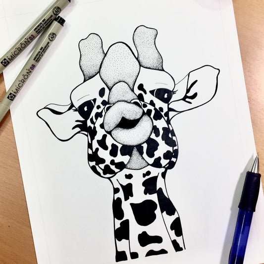 PinkPolish Design Original Art "Kissy Face" Funny Giraffe Inspired Original Ink Illustration