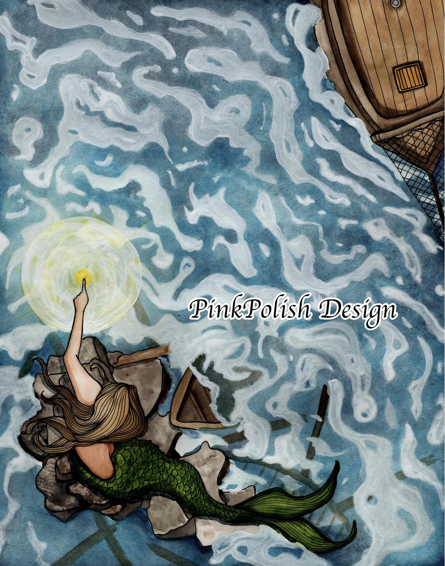 PinkPolish Design Art Prints "Lighthouse Mermaid" Watercolor Painting: Art Print