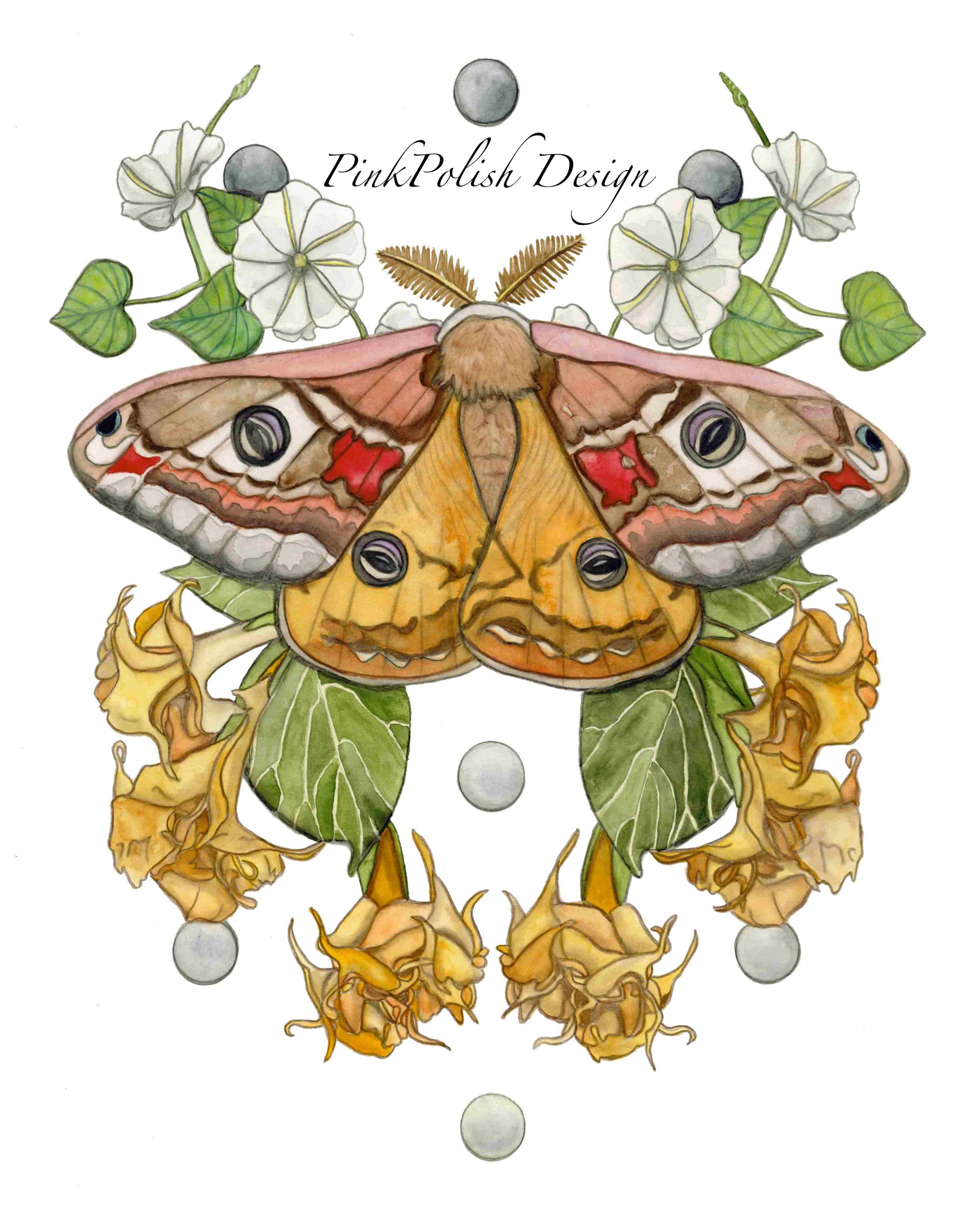 PinkPolish Design Art Prints "Moon Moth Garden"  Watercolor Painting: Art Print