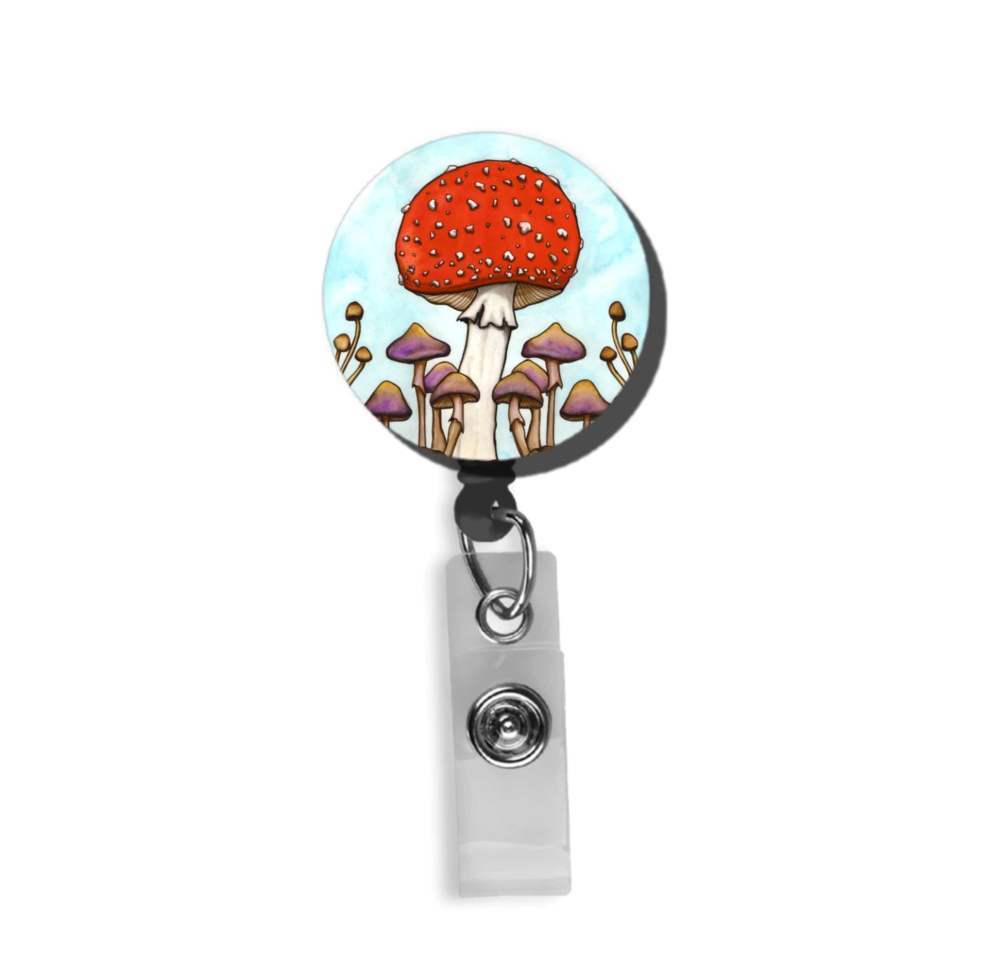 PinkPolish Design Badge Reels & Lanyards "Mushroom Fields" Retractable Badge Reel